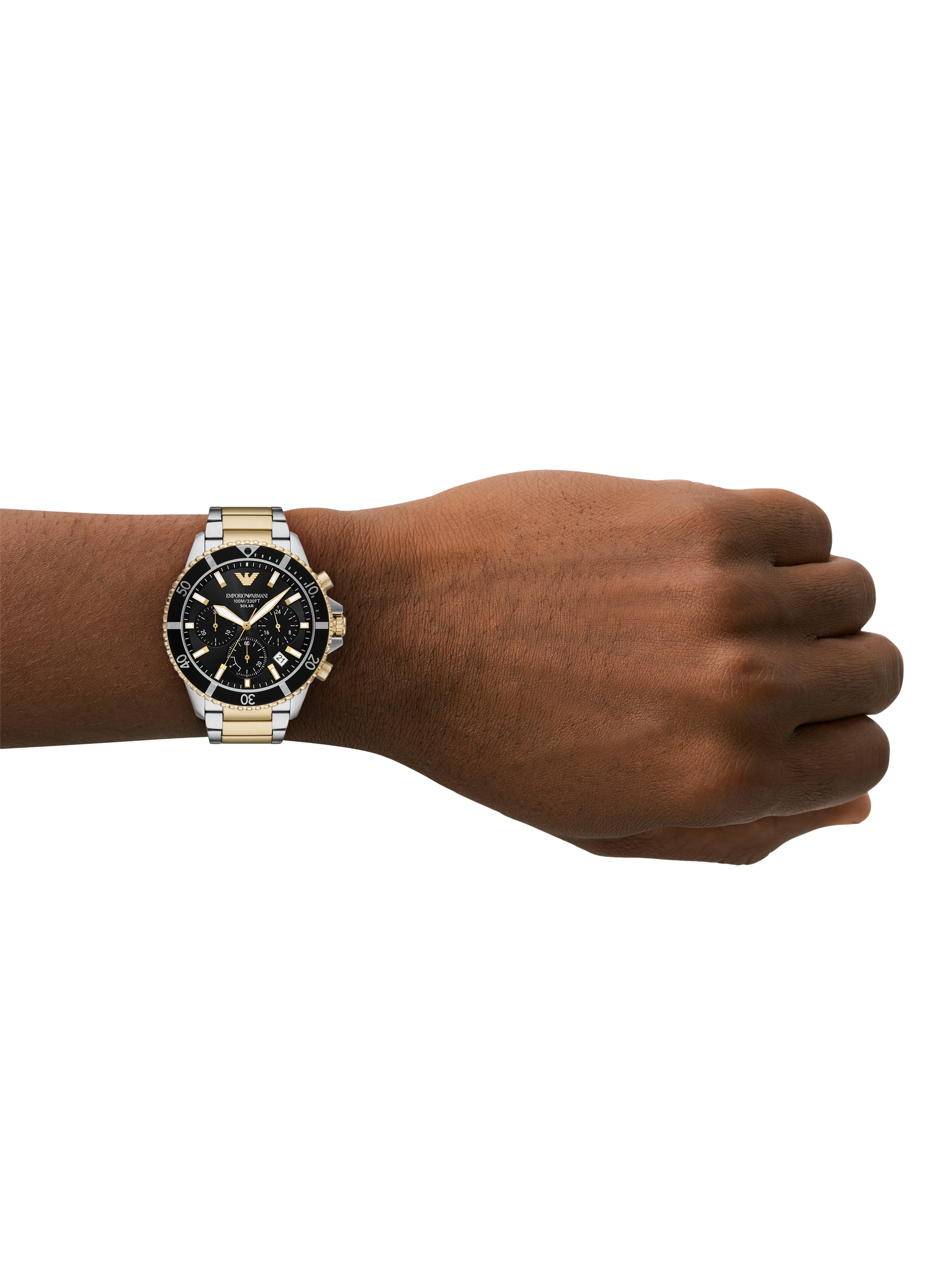 Product image 5 of 6, which shows Emporio Armani AR11680 Men's World Explorer Solar Chronograph Bracelet Strap Watch, Gold/Silver
