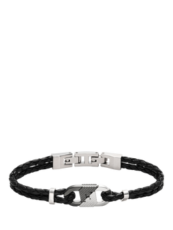 Emporio Armani Men's Two-Tone Bar ID Leather Bracelet, Black, Black