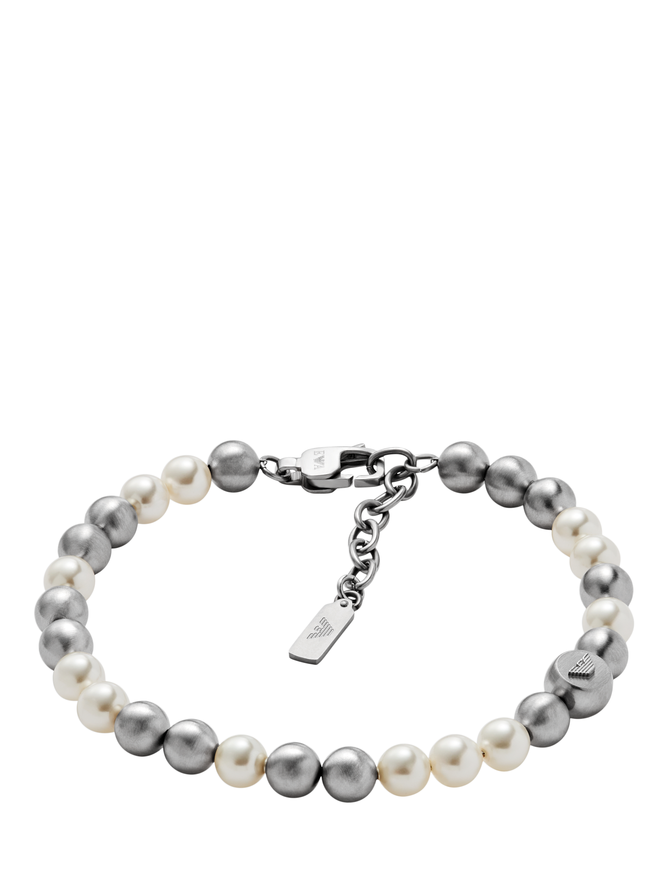 Product image 1 of 4, which shows Emporio Armani Men's White Glass Pearl Beaded Bracelet, Silver