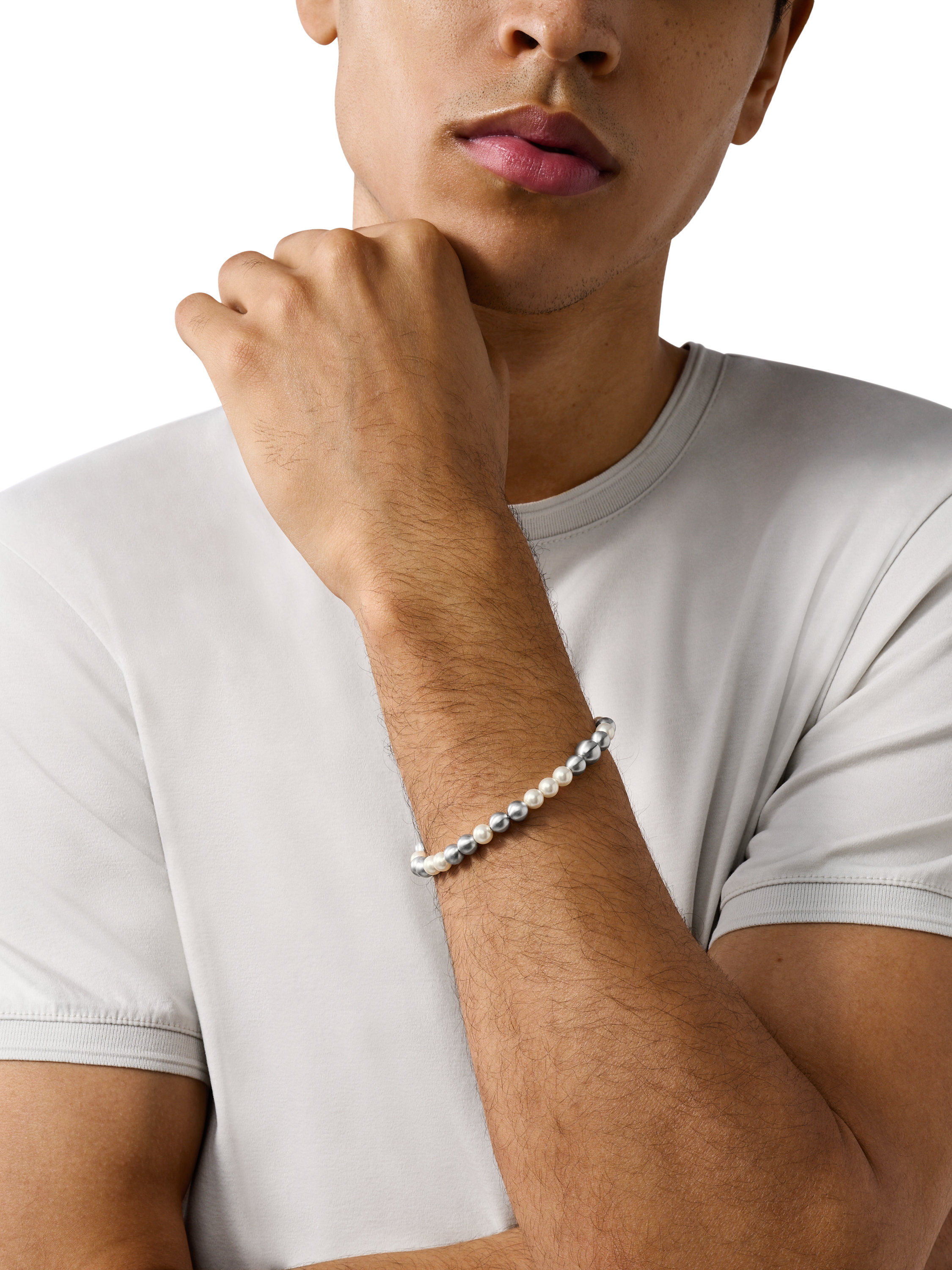 Product image 3 of 4, which shows Emporio Armani Men's White Glass Pearl Beaded Bracelet, Silver