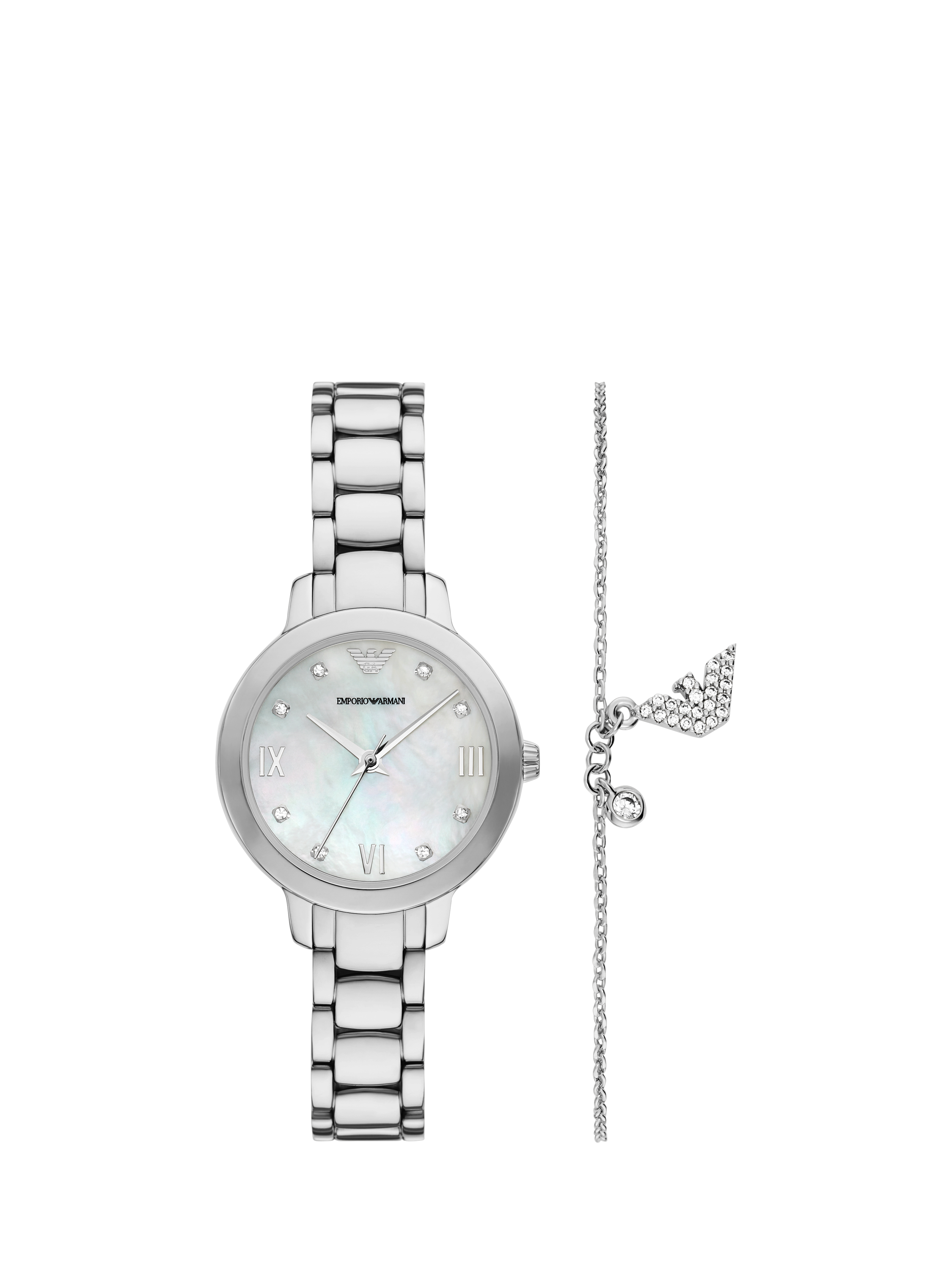Product image 1 of 7, which shows Emporio Armani AR80071 Women's Chain Bracelet and Bracelet Strap Watch Gift Set, Silver