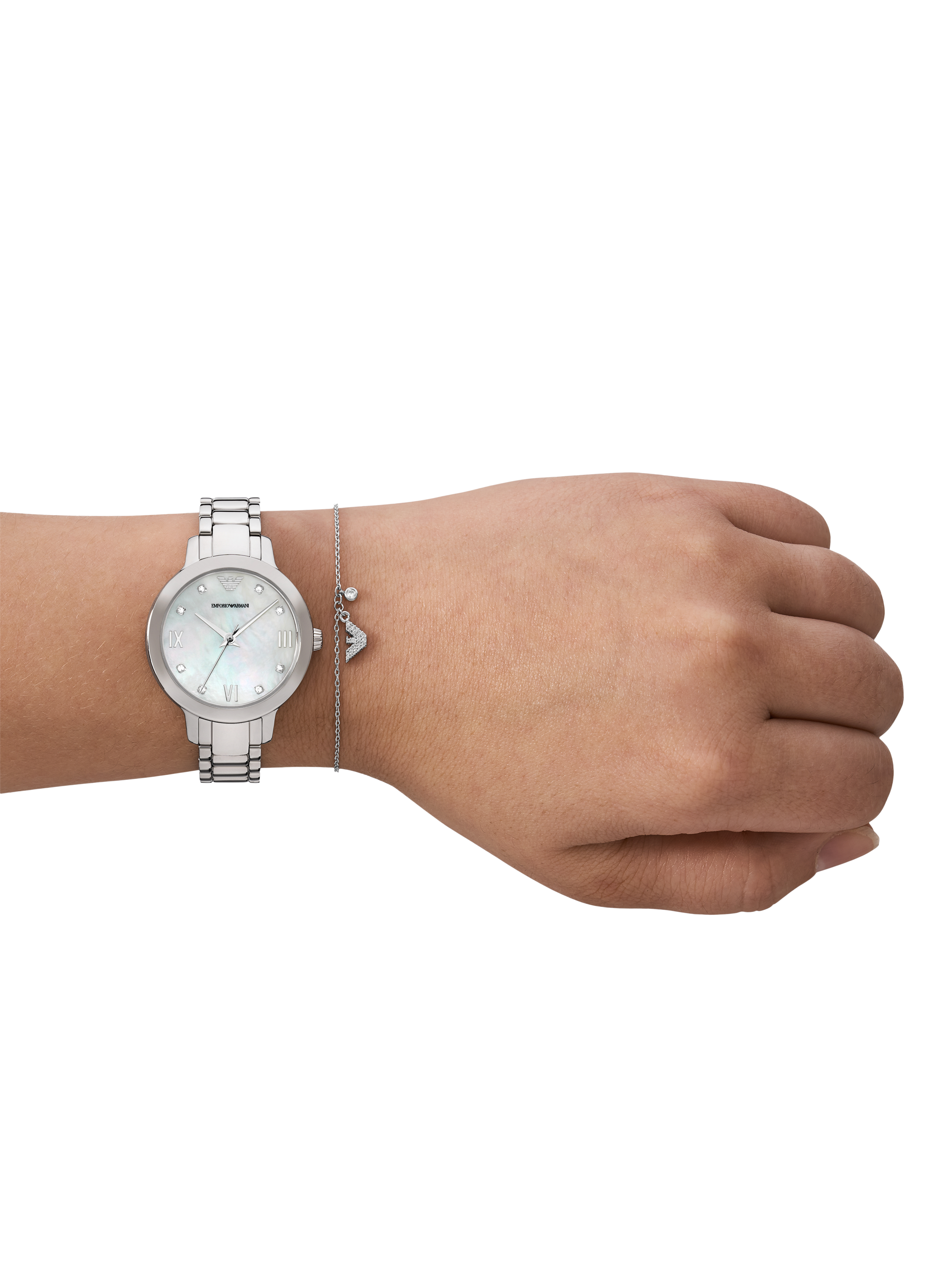 Product image 5 of 7, which shows Emporio Armani AR80071 Women's Chain Bracelet and Bracelet Strap Watch Gift Set, Silver