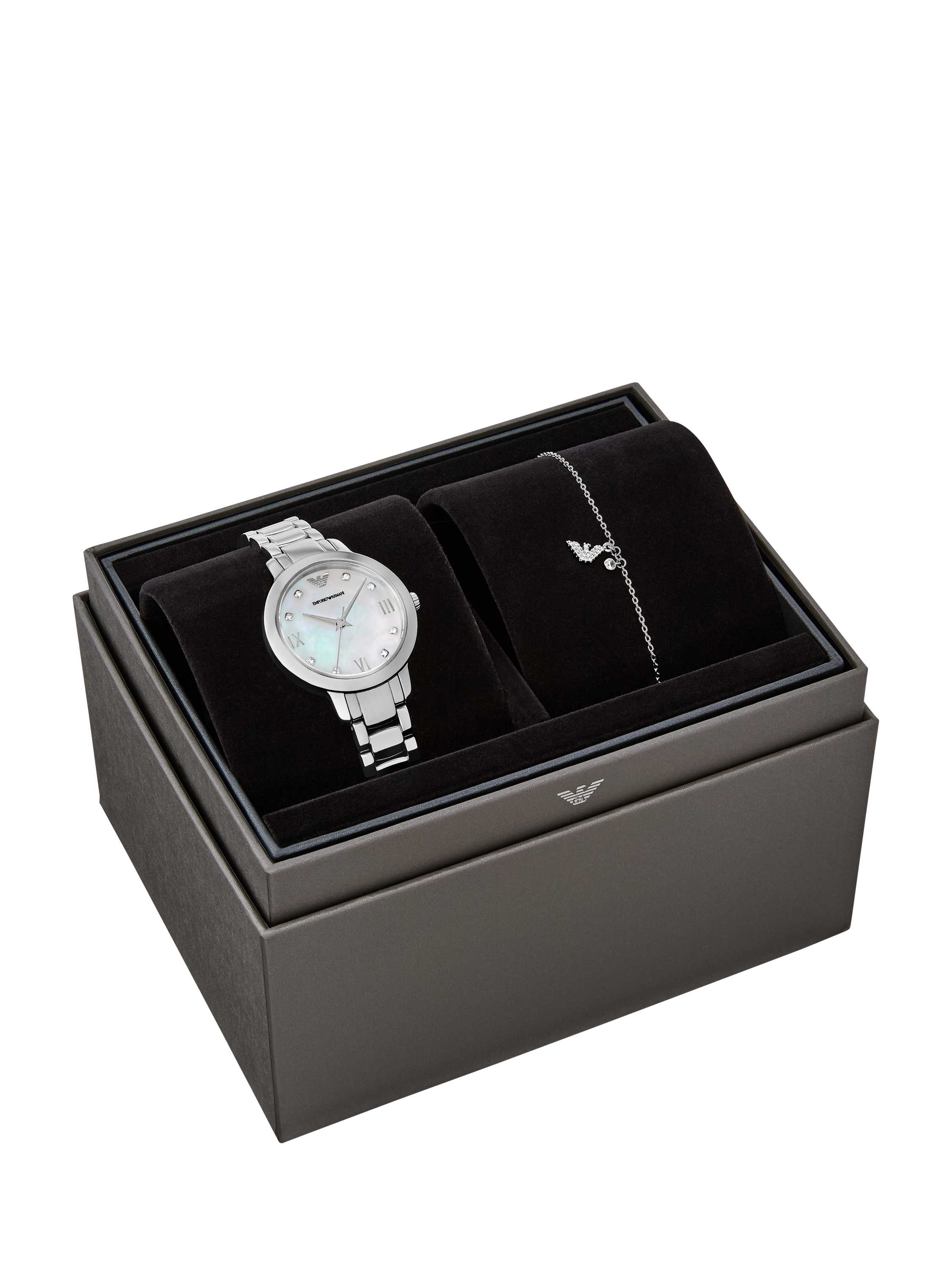 Product image 6 of 7, which shows Emporio Armani AR80071 Women's Chain Bracelet and Bracelet Strap Watch Gift Set, Silver