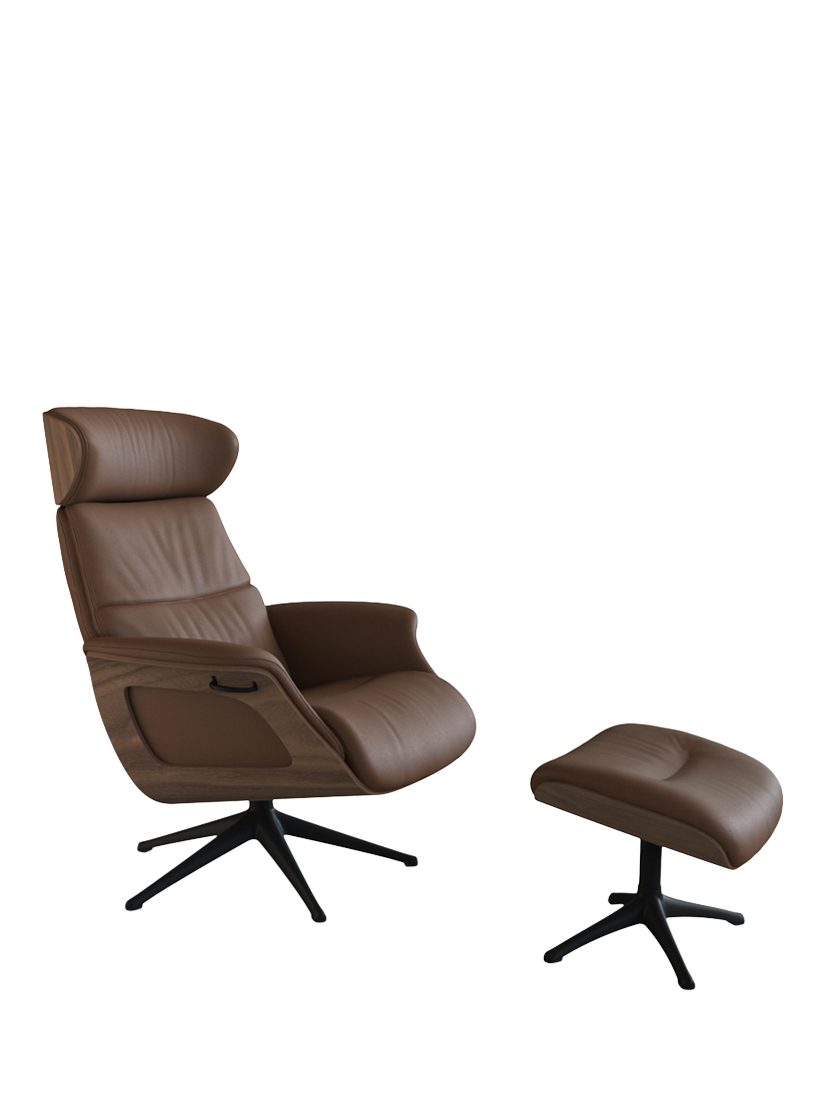 Clement Range, Flexlux Clement Relax Recliner Chair and Footstool, Black Leg, Walnut Frame, Dakota Modern Cognac Brown