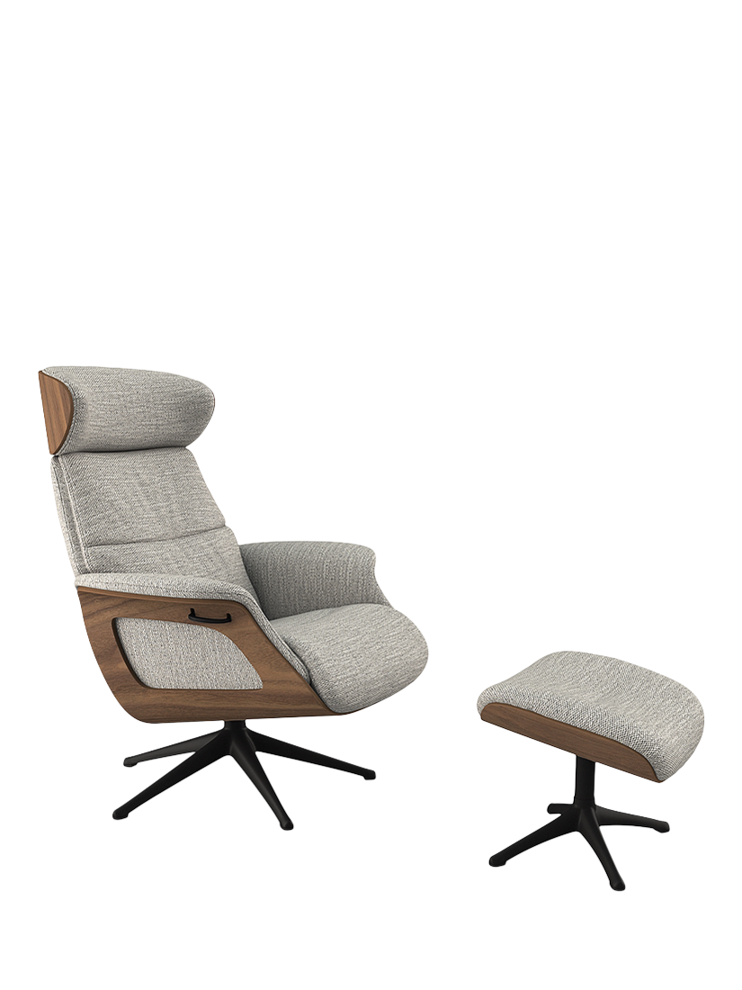 Clement Range, Flexlux Clement Relax Recliner Chair and Footstool, Black Leg, Walnut Frame, Rock Light Grey