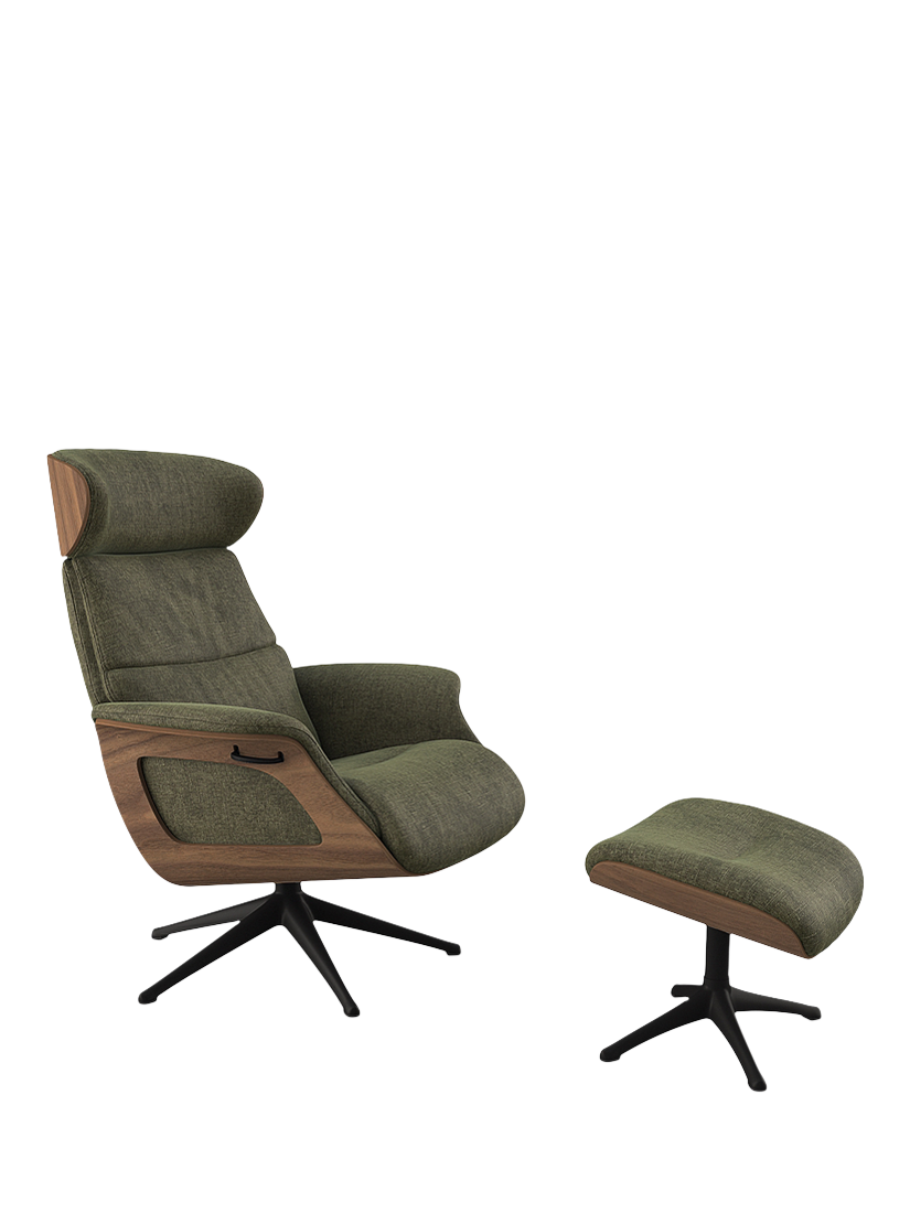 Clement Range, Flexlux Clement Relax Recliner Chair and Footstool, Black Leg, Walnut Frame, Wildflower Forest Green
