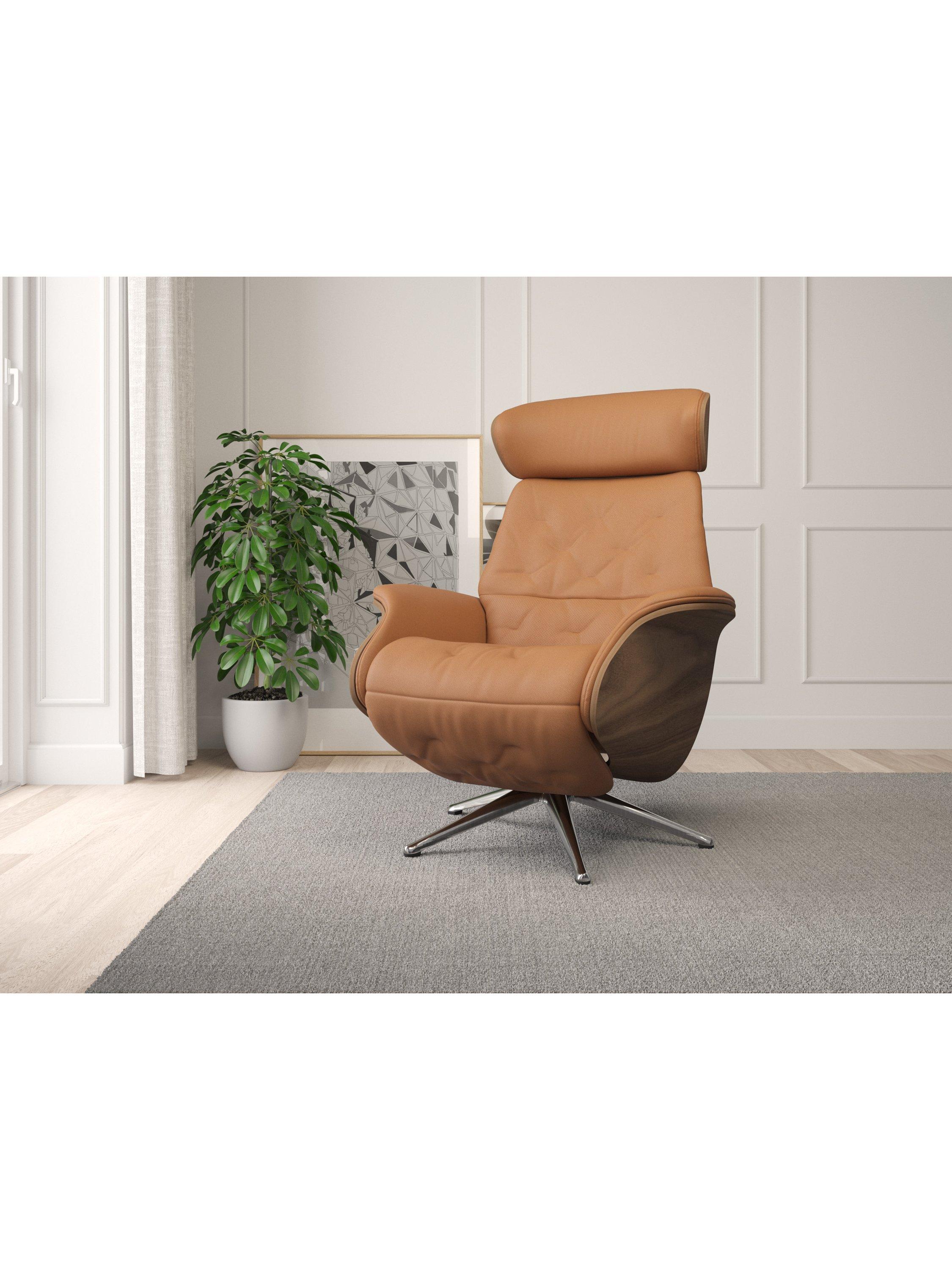 Volden Range, Flexlux Volden Relax Recliner Chair with Integrated Footrest, Polished Aluminium Leg, Walnut Frame, Dakota Modern Cognac Brown