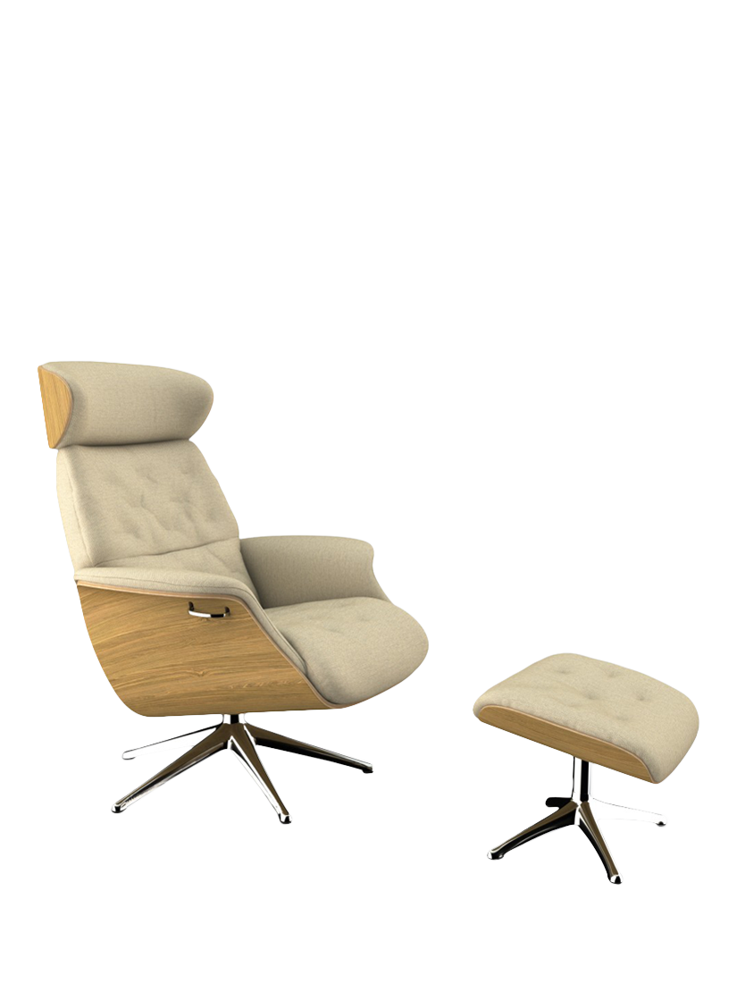 Volden Range, Flexlux Volden Relax Recliner Chair and Footstool, Polished Aluminium Leg, Oak Frame, Copparo Sandy Biege