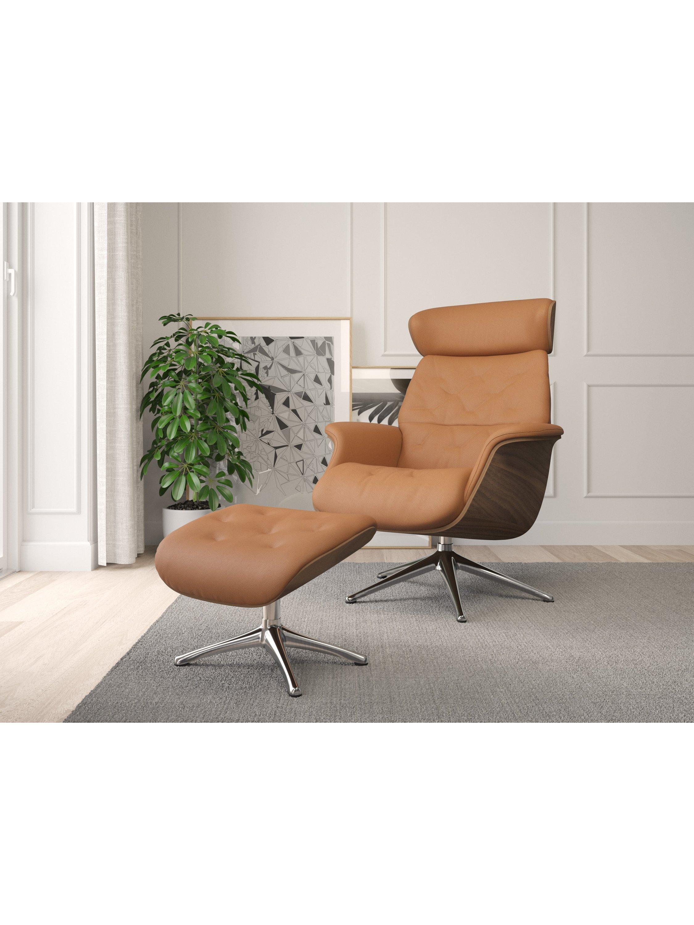Volden Range, Flexlux Volden Relax Recliner Chair and Footstool, Polished Aluminium Leg, Walnut Frame, Dakota Modern Cognac Brown
