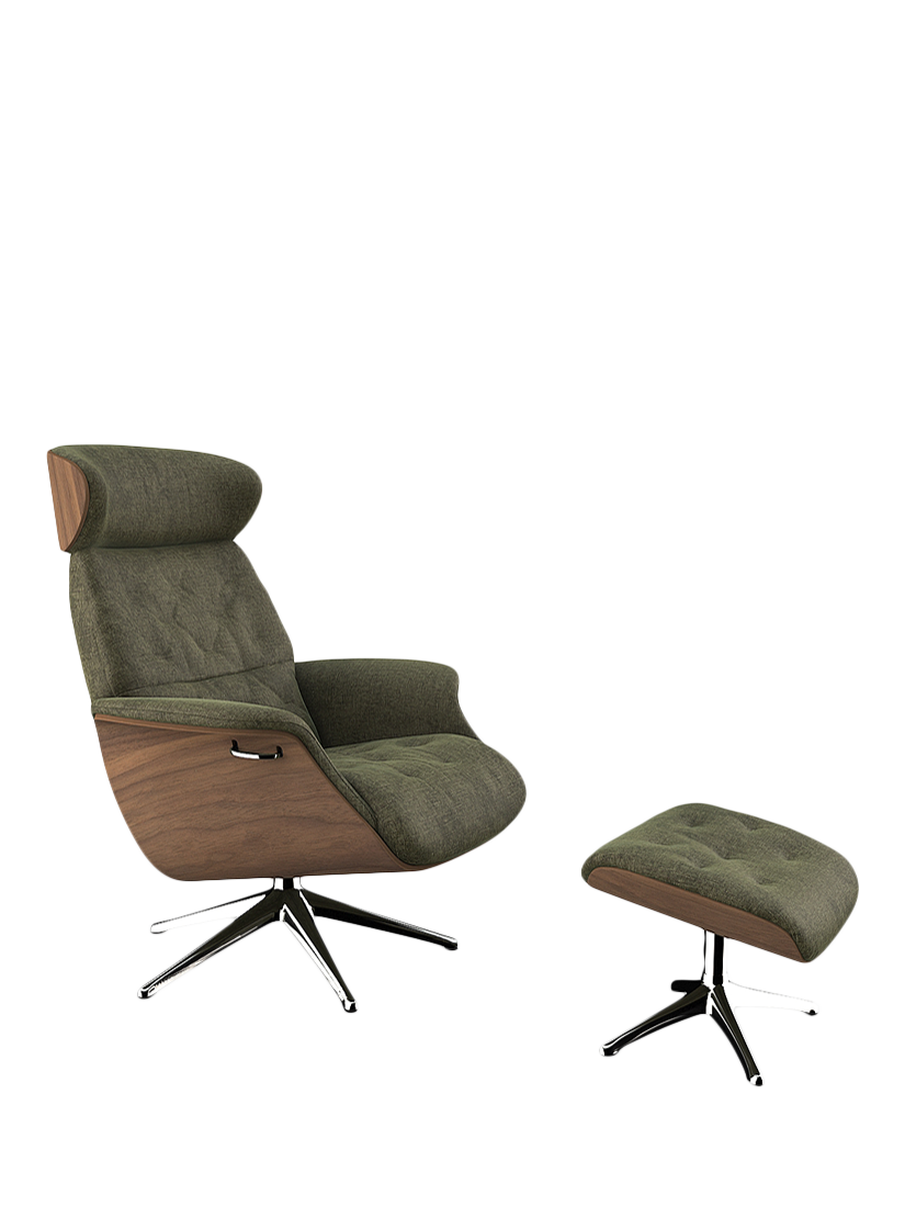 Volden Range, Flexlux Volden Relax Recliner Chair and Footstool, Polished Aluminium Leg, Walnut Frame, Wildflower Forest Green