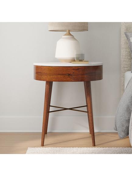 West Elm Penelope Marble Top 1 Drawer Bedside Table, Acorn - view 2, Acorn