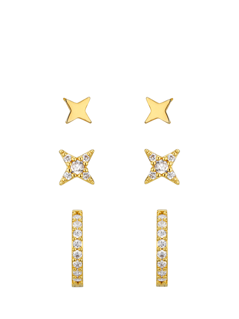 Product image 1 of 2, which shows Orelia Polished and Crystal Star Studs and Micro Hoop Earrings Set, Pack of 3, Pale Gold