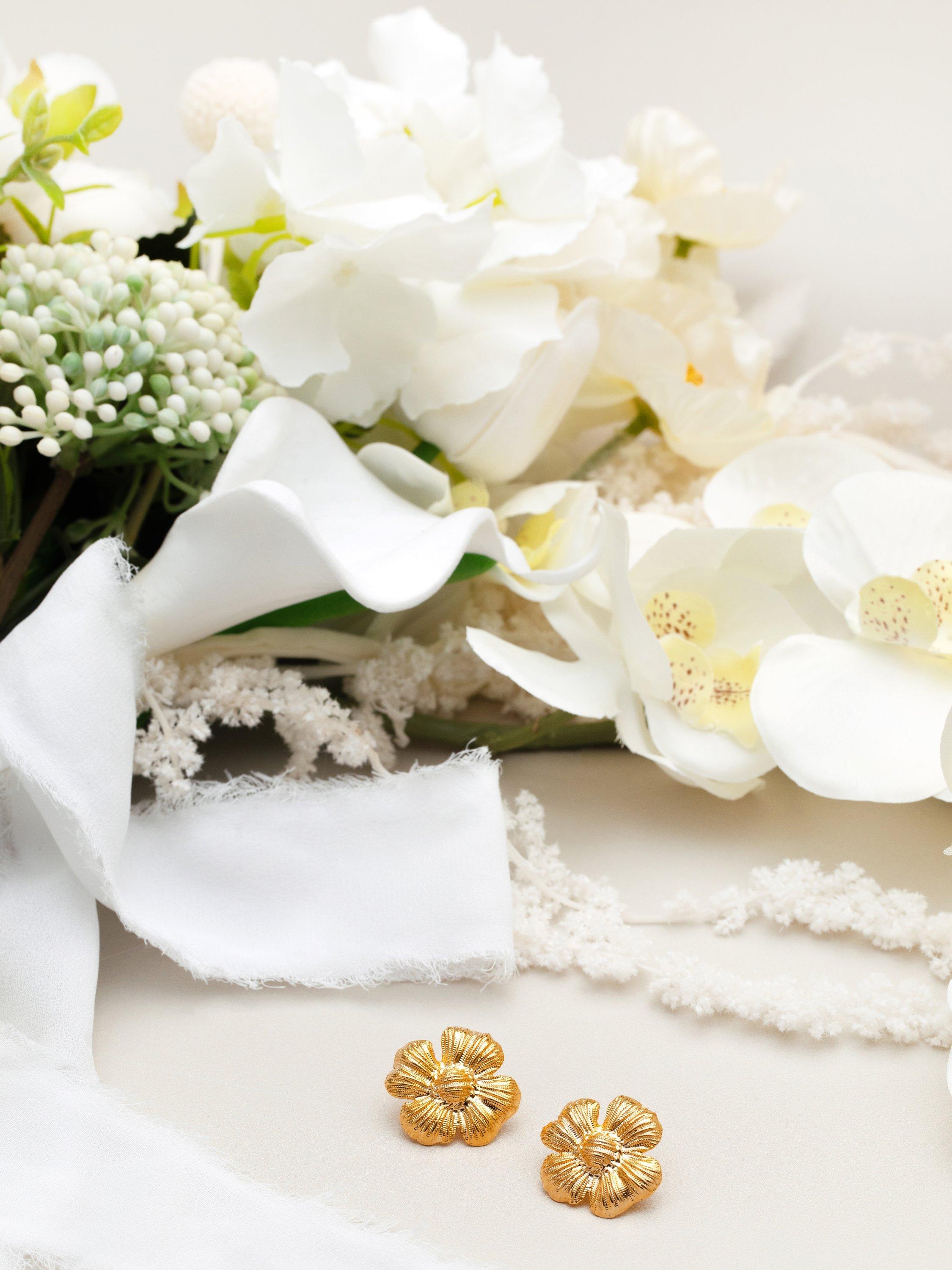 Product image 3 of 3, which shows Orelia Flower Stud Earrings, Gold