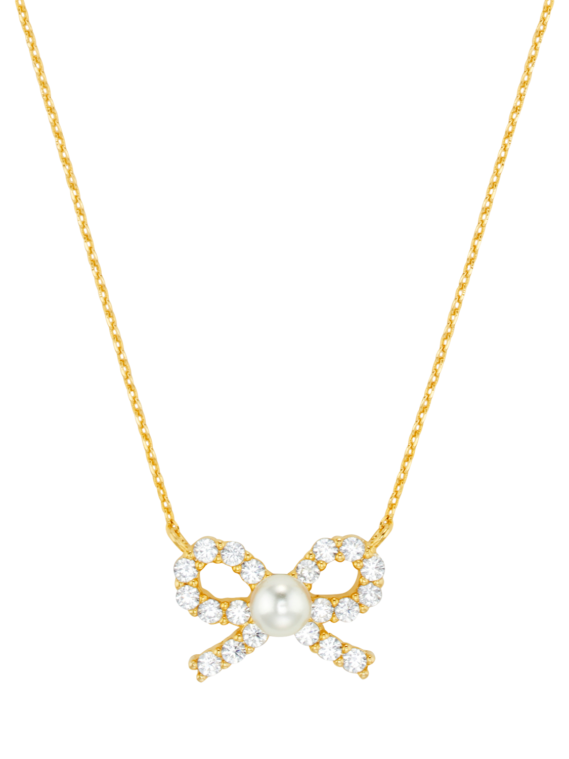 Product image 2 of 5, which shows Orelia Pearl & Crystal Bow Charm Necklace, Pale Gold