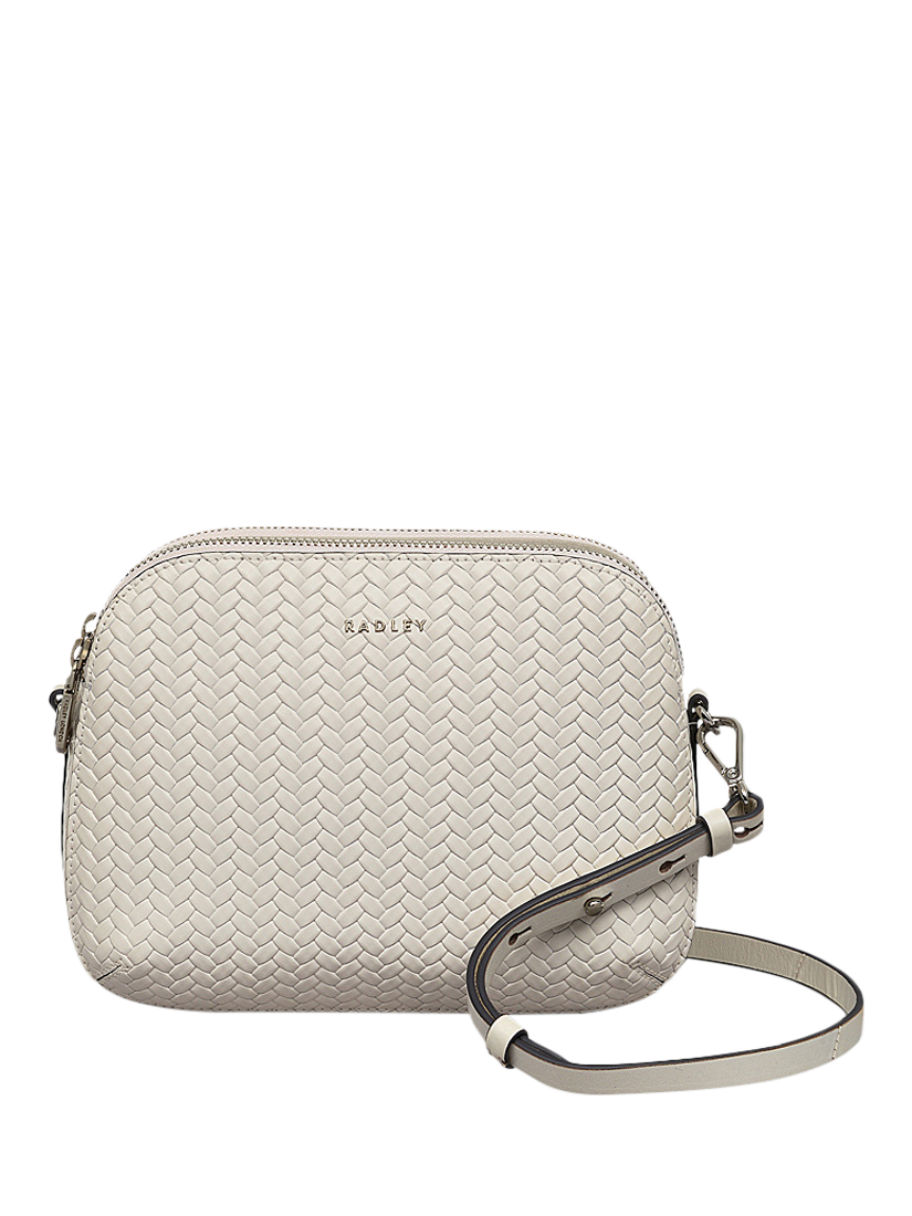 Product image 1 of 5, which shows Dukes Place Leather Weave Medium Zip Top Crossbody Bag, Chalk