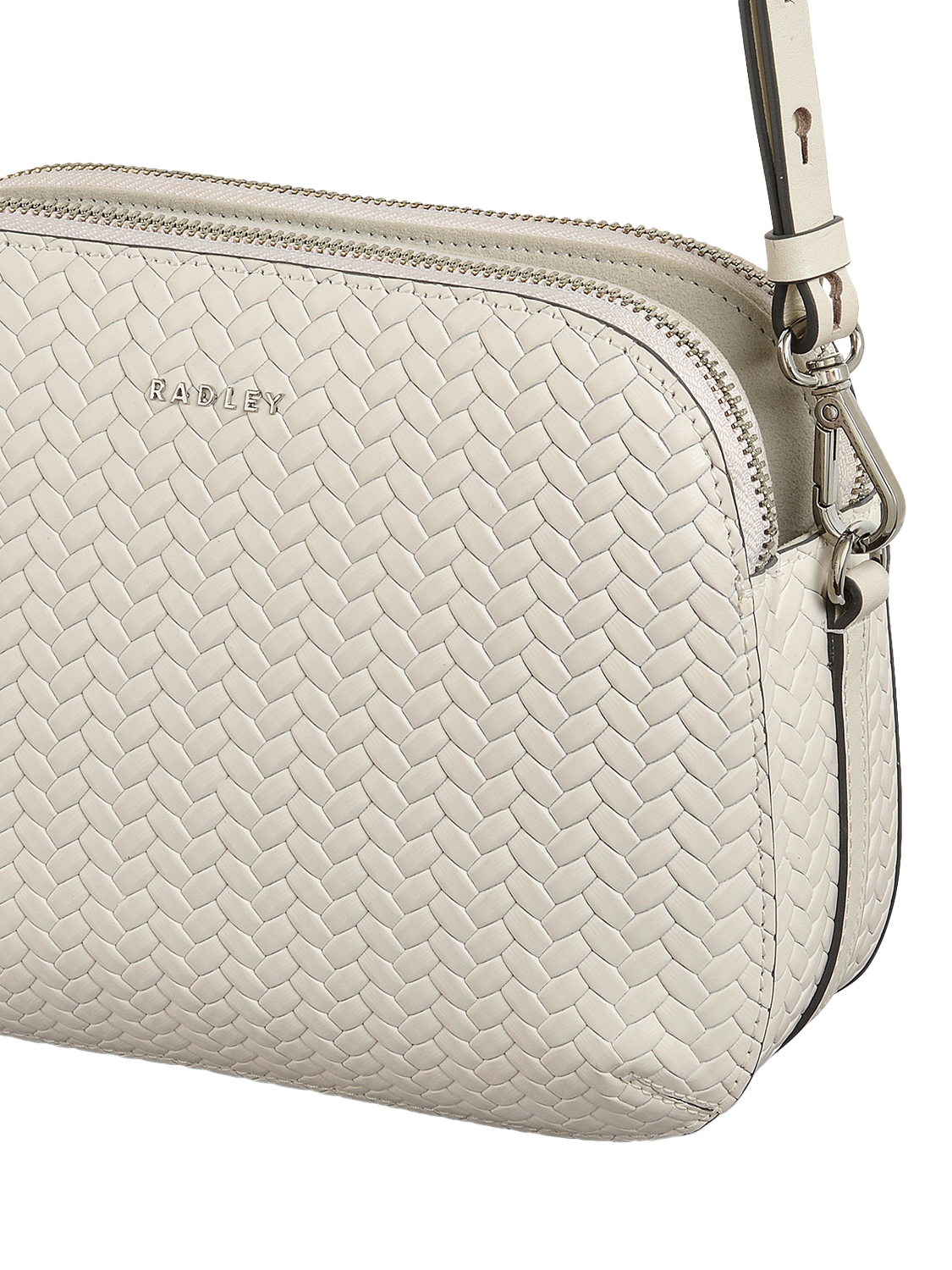 Product image 4 of 5, which shows Dukes Place Leather Weave Medium Zip Top Crossbody Bag, Chalk