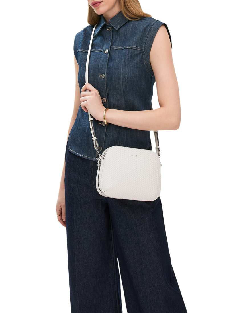 Product image 5 of 5, which shows Dukes Place Leather Weave Medium Zip Top Crossbody Bag, Chalk
