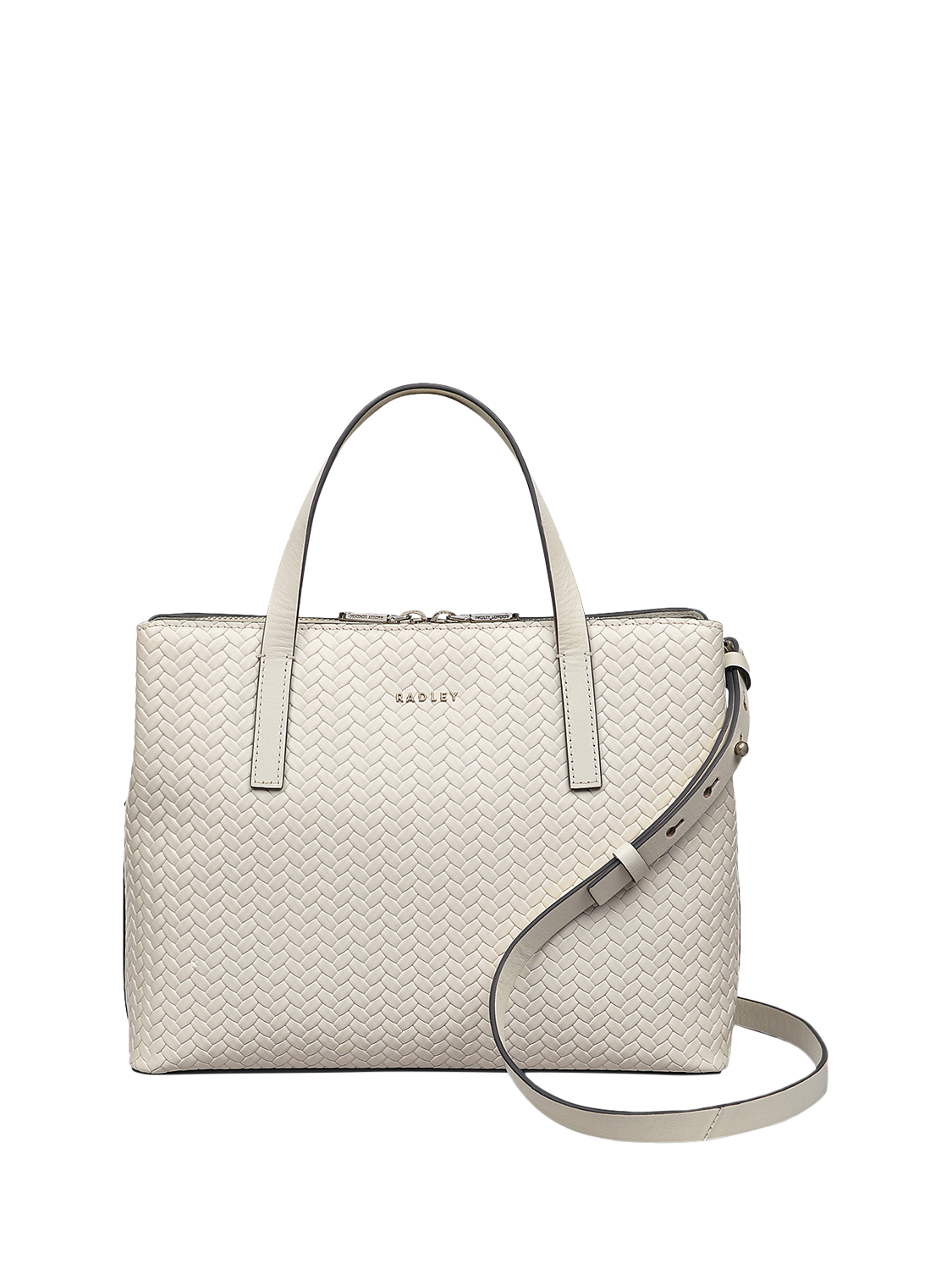 Product image 1 of 6, which shows Dukes Place Leather Weave Medium Zip Top Grab Bag, Chalk