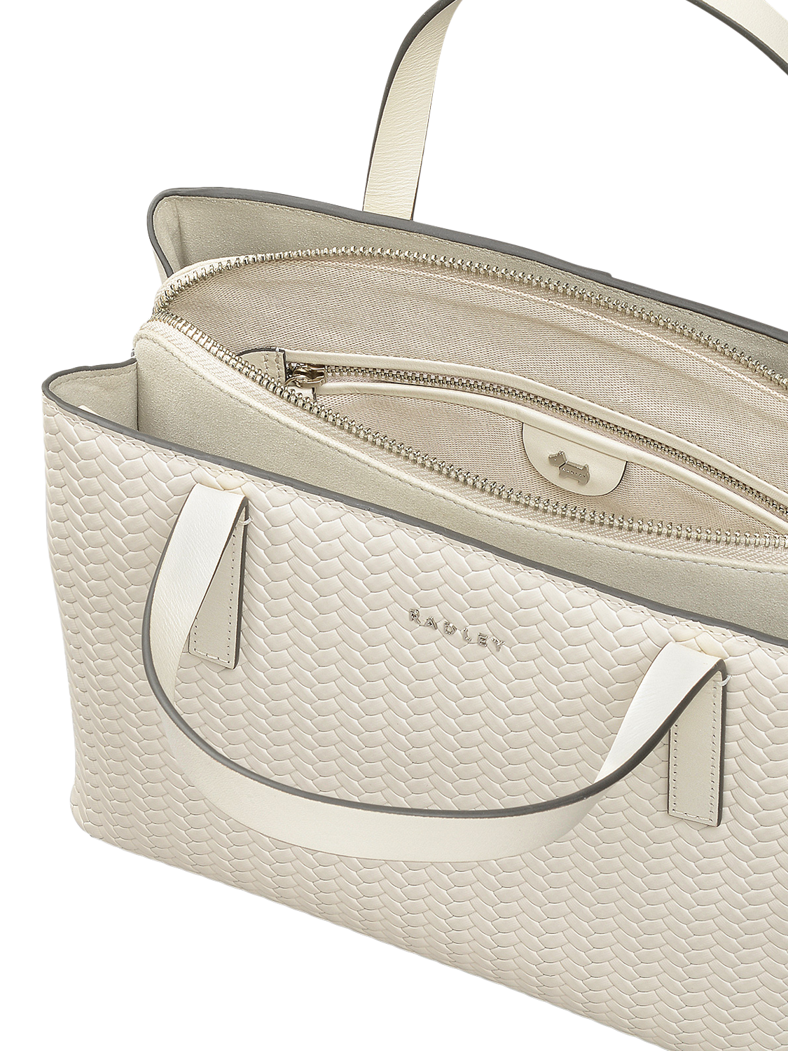 Product image 3 of 6, which shows Dukes Place Leather Weave Medium Zip Top Grab Bag, Chalk
