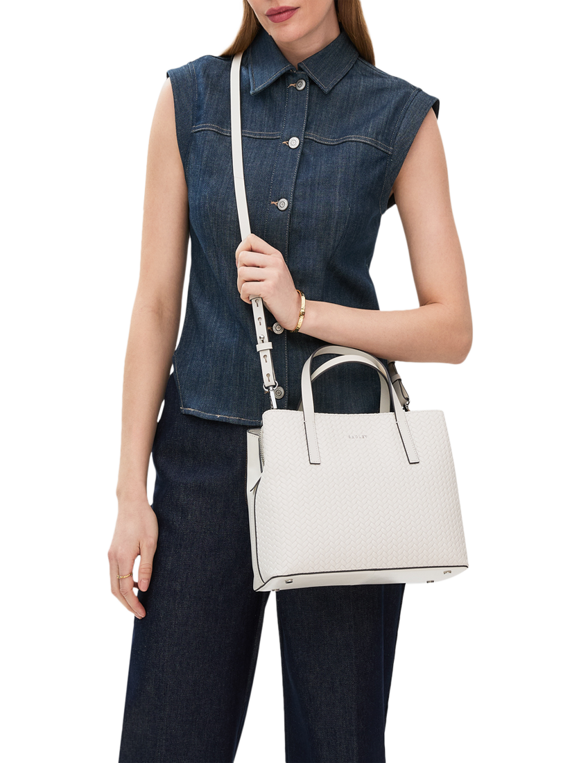 Product image 5 of 6, which shows Dukes Place Leather Weave Medium Zip Top Grab Bag, Chalk