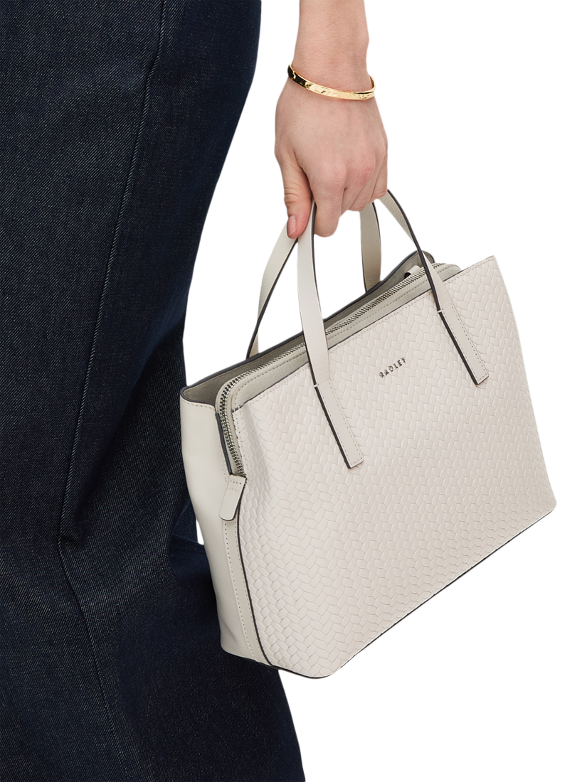 Product image 6 of 6, which shows Dukes Place Leather Weave Medium Zip Top Grab Bag, Chalk