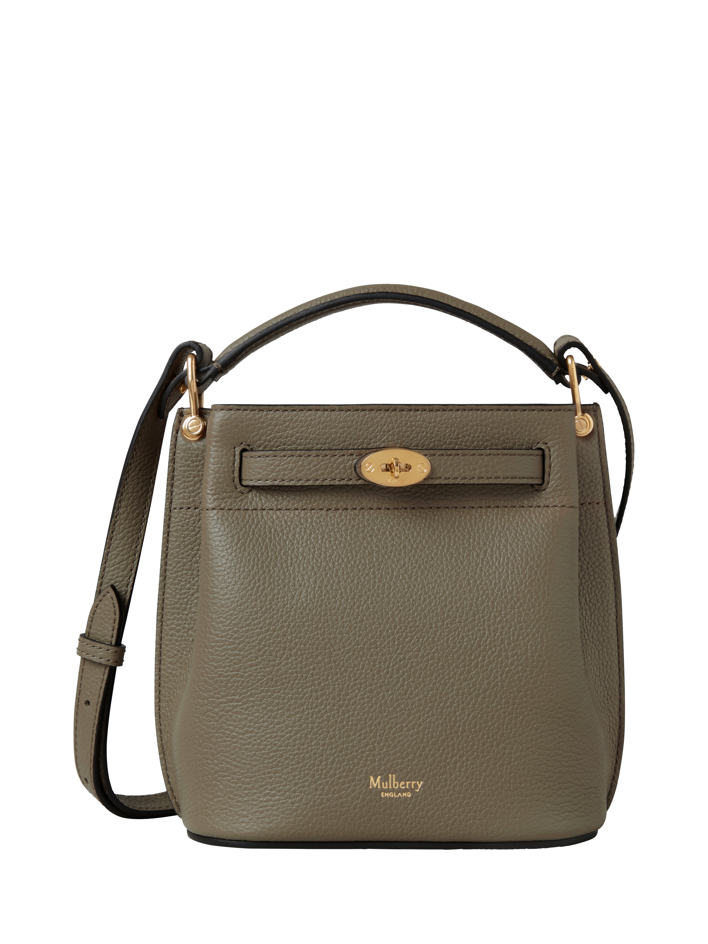 Product image 1 of 5, which shows Mulberry Mini Islington Leather Bucket Bag, Linen Green