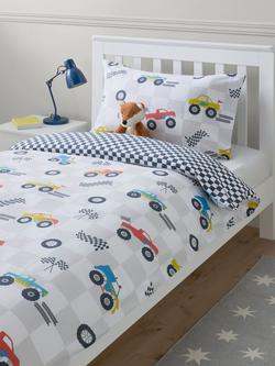 John Lewis Kids' Race Car Reversible Duvet Cover and Pillowcase Set, Multi, Single - view 2, Multi
