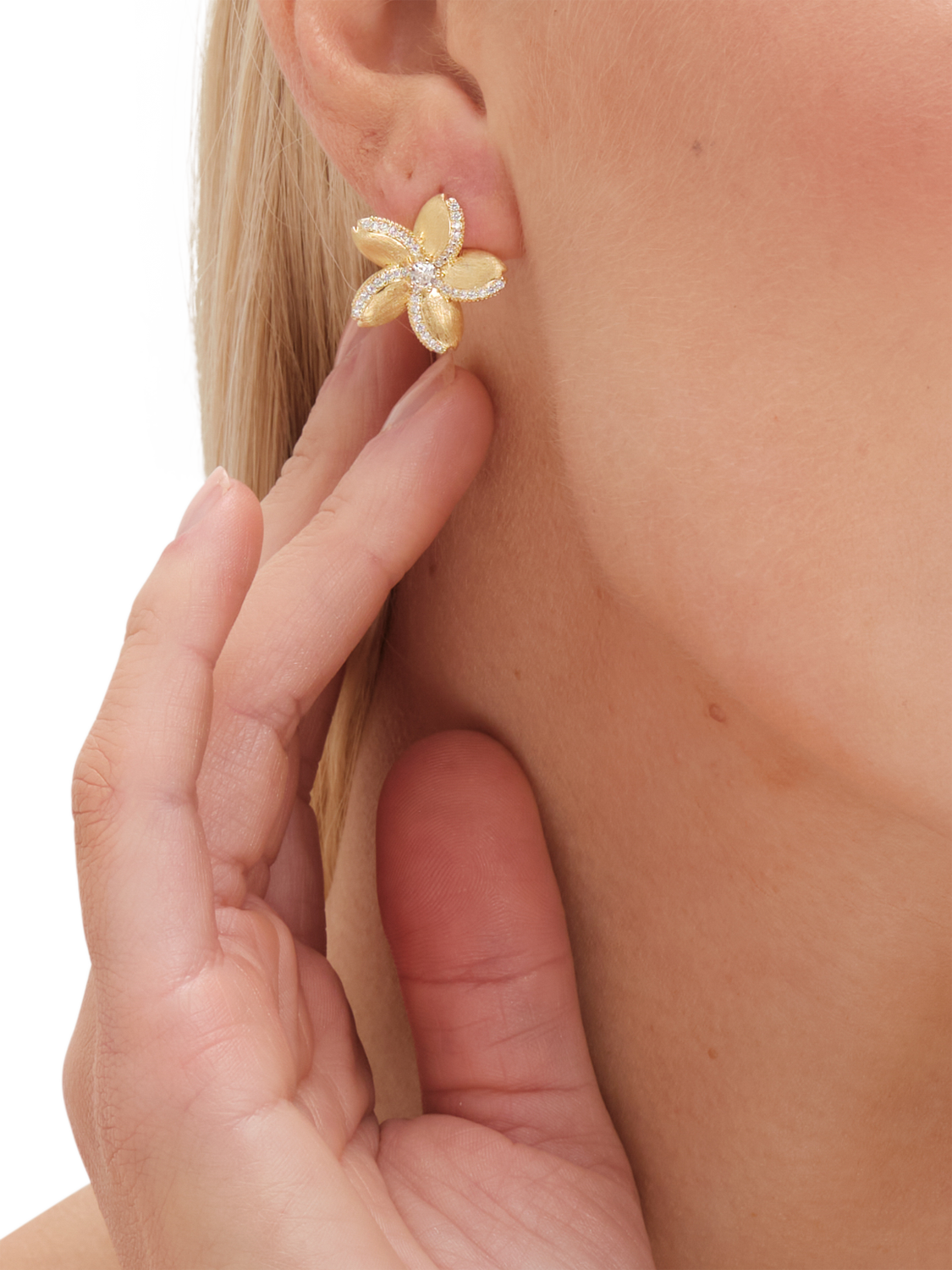 Product image 3 of 3, which shows Jon Richard Cubic Zirconia Satin Floral Stud Earrings, Gold