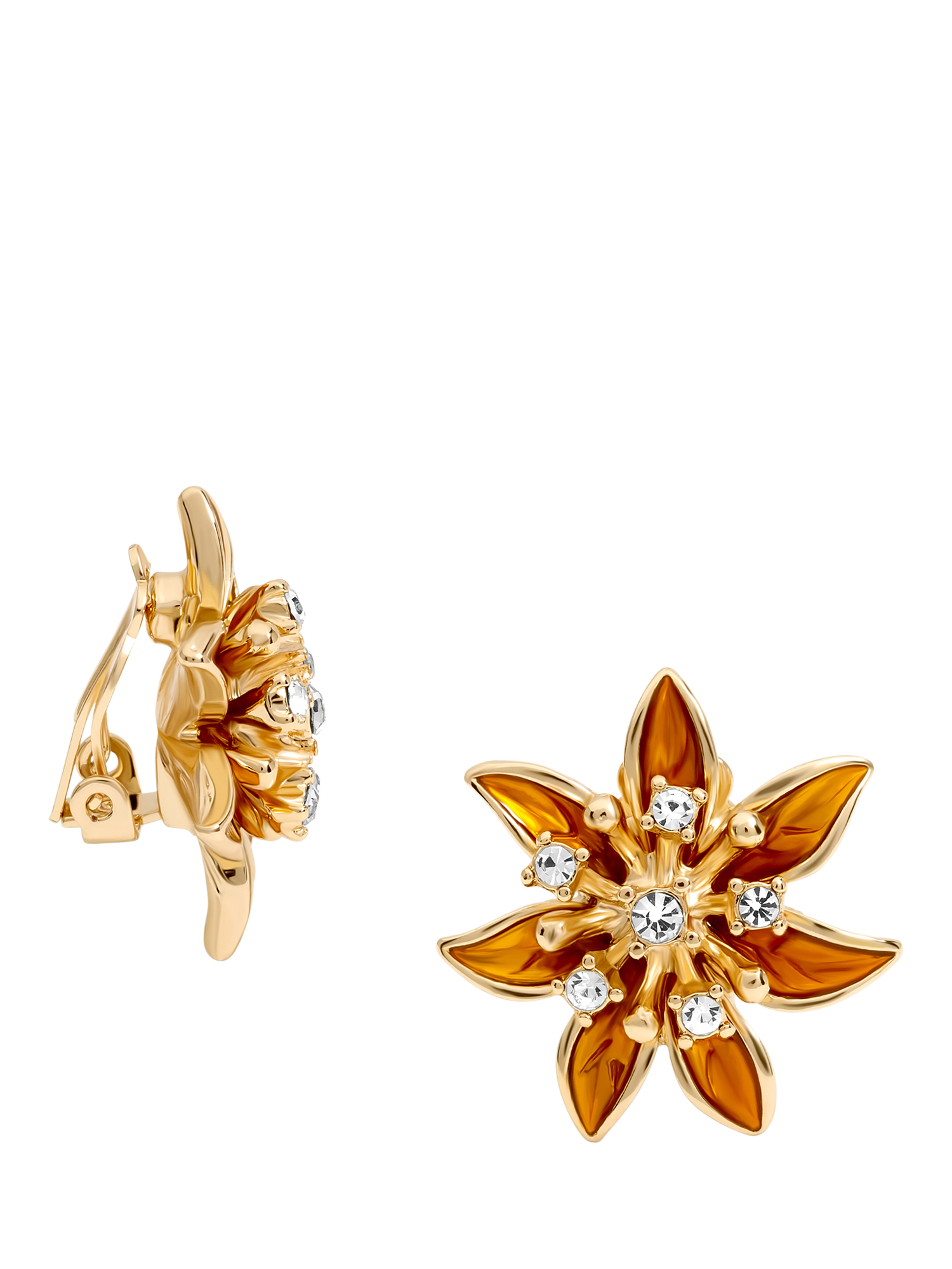 Product image 1 of 2, which shows Jon Richard Enamel Floral Clip Earrings, Gold/Orange