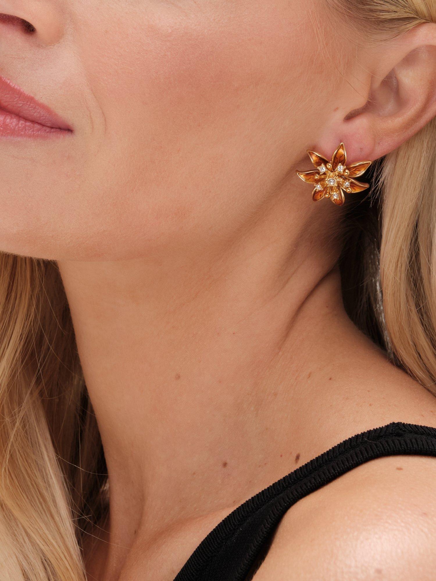 Product image 2 of 2, which shows Jon Richard Enamel Floral Clip Earrings, Gold/Orange