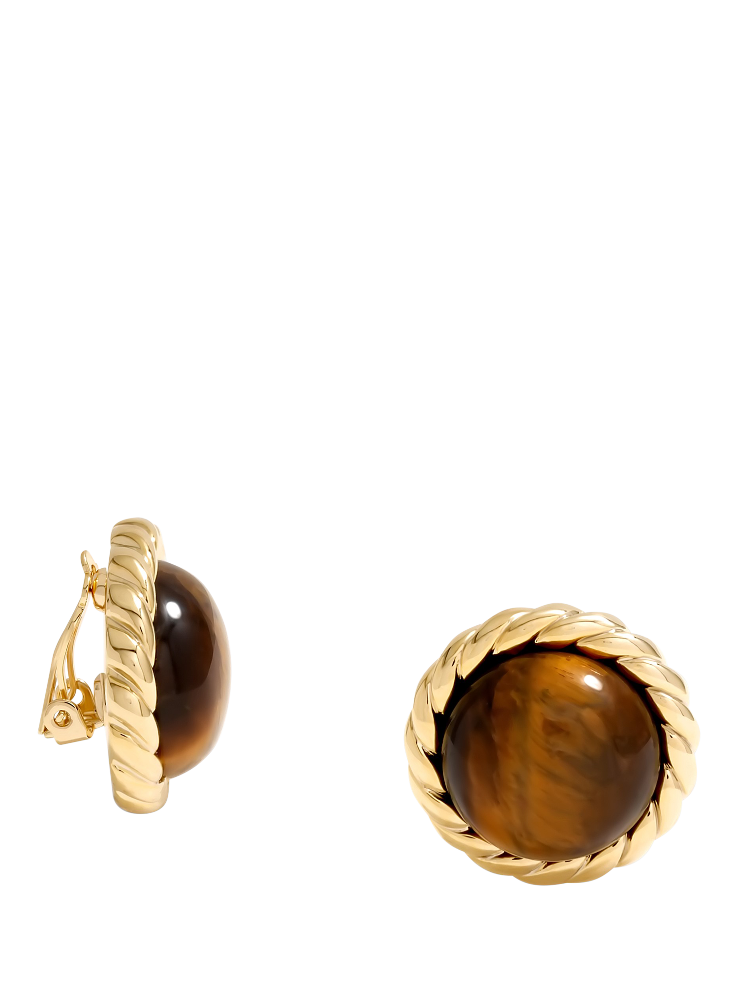 Product image 1 of 3, which shows Jon Richard Tiger's Eye Clip Earrings, Gold