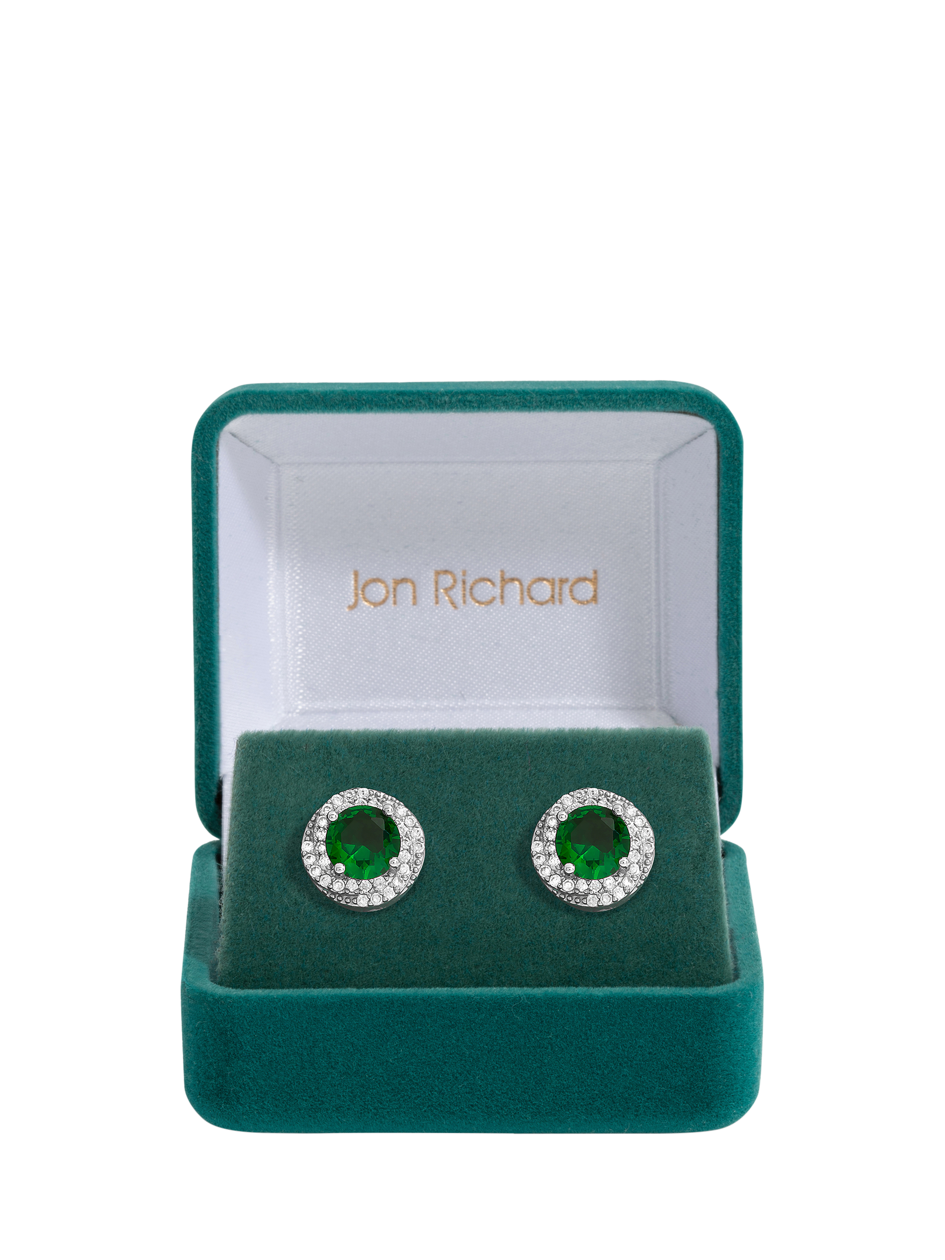 Product image 1 of 3, which shows Jon Richard Rhodium Plated Cubic Zirconia Emerald Halo Stud Earrings, Silver