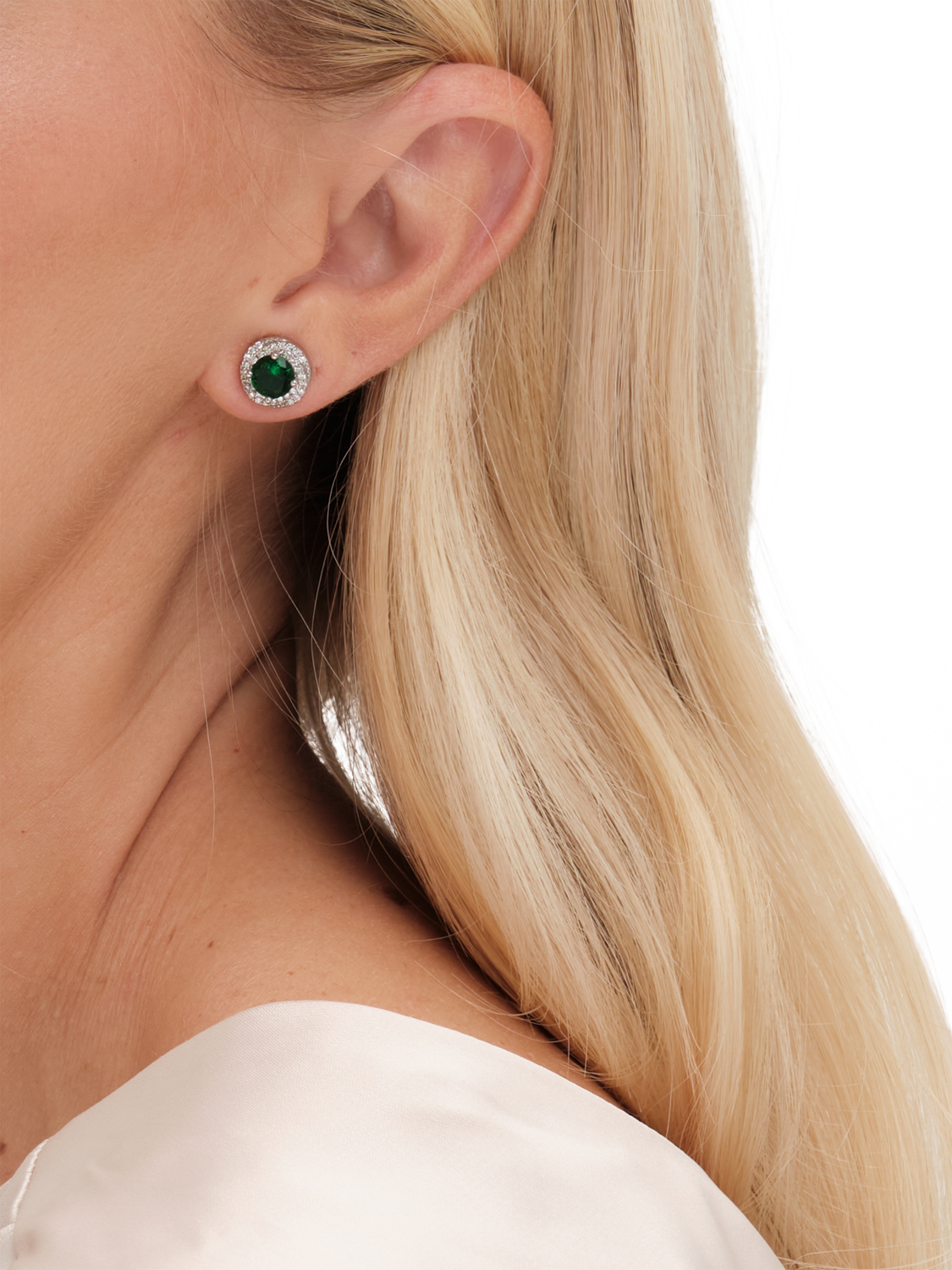 Product image 3 of 3, which shows Jon Richard Rhodium Plated Cubic Zirconia Emerald Halo Stud Earrings, Silver