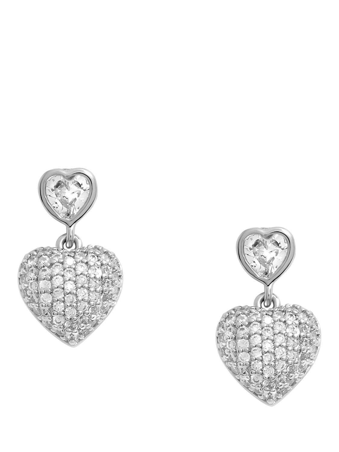 Product image 1 of 4, which shows Jon Richard Cubic Zirconia Micro Pave Heart Stud Drop Earrings, Silver