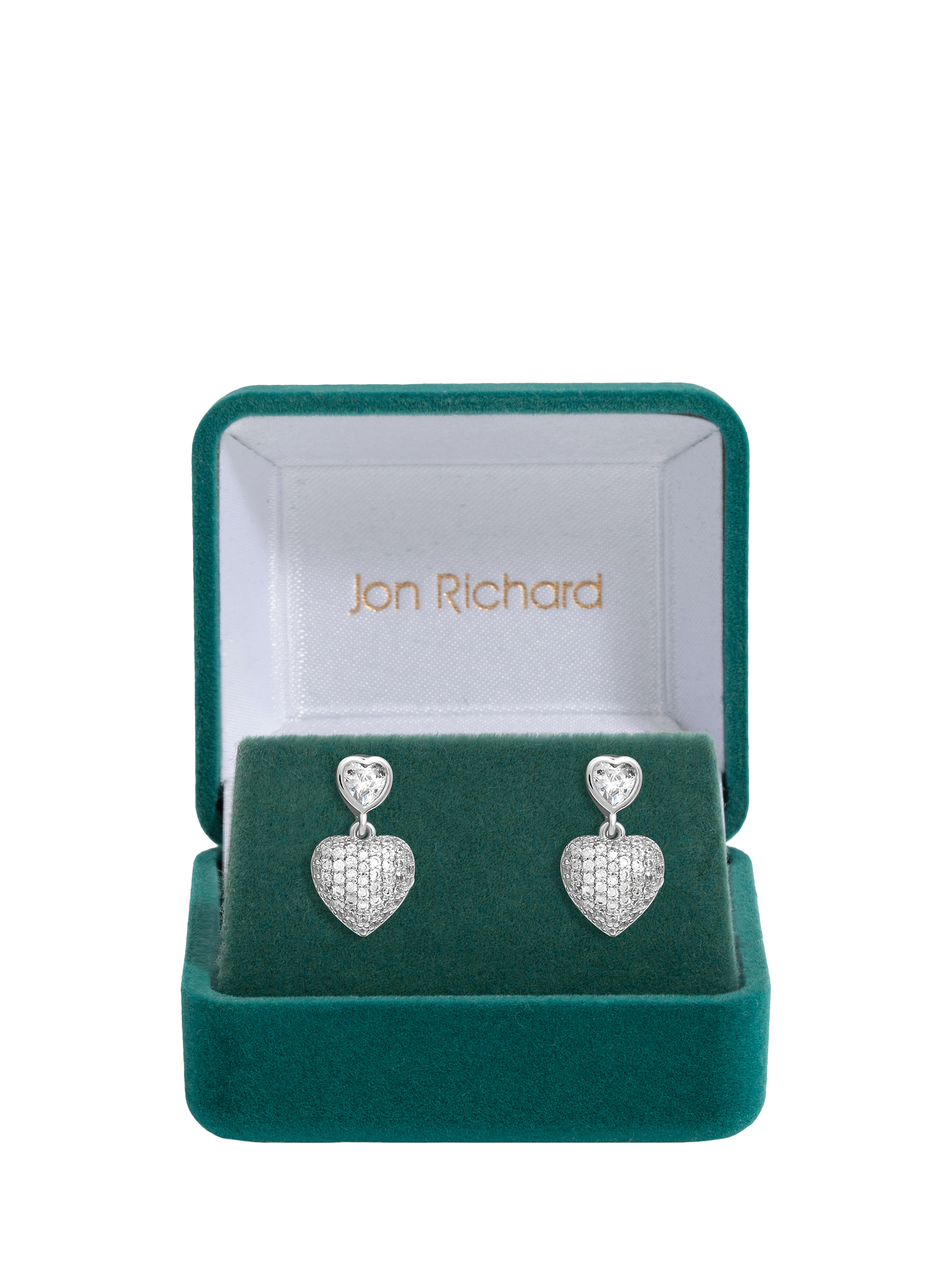 Product image 2 of 4, which shows Jon Richard Cubic Zirconia Micro Pave Heart Stud Drop Earrings, Silver