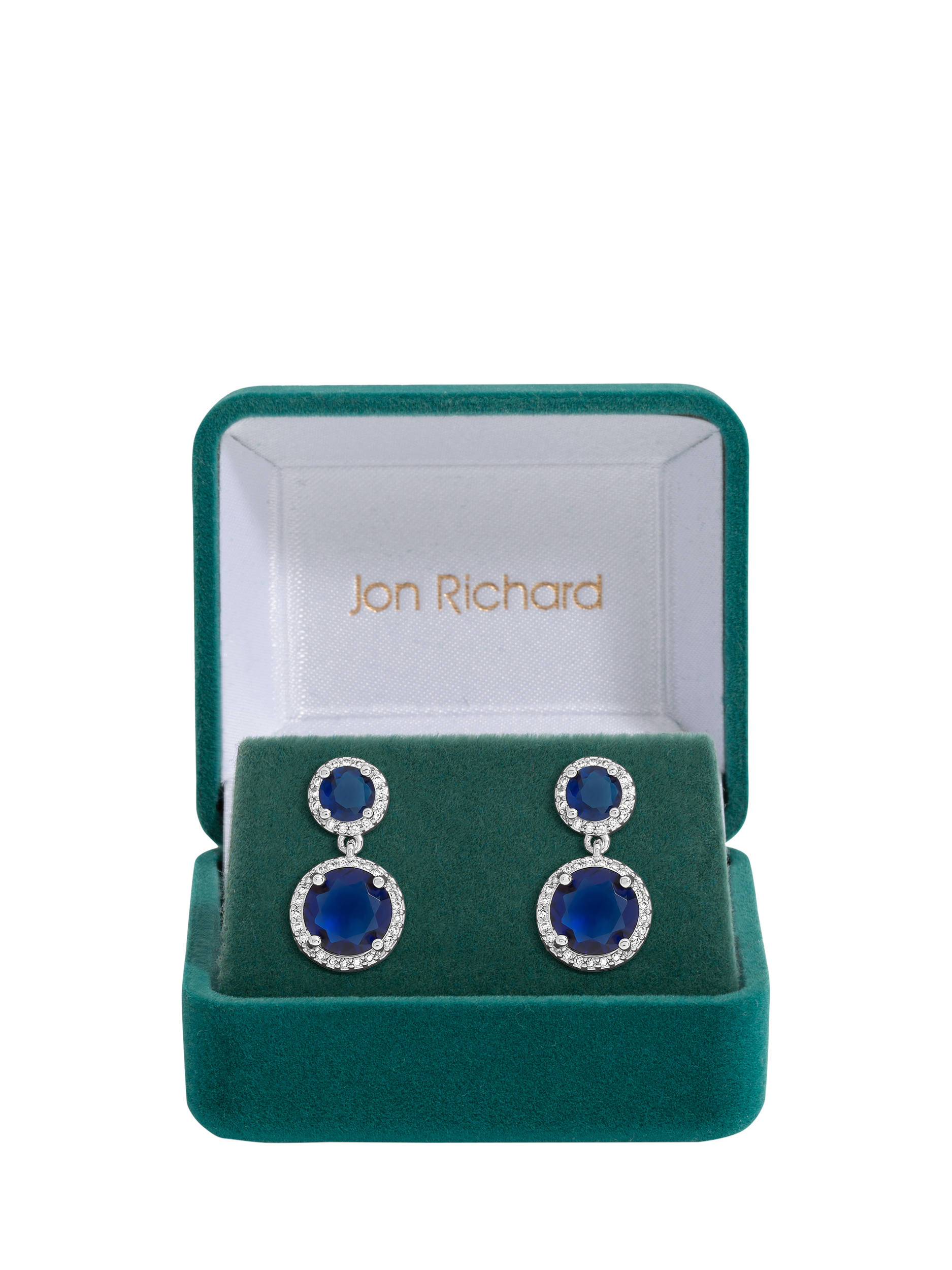 Product image 2 of 4, which shows Jon Richard Sapphire Double Halo Earrings, Silver/Blue