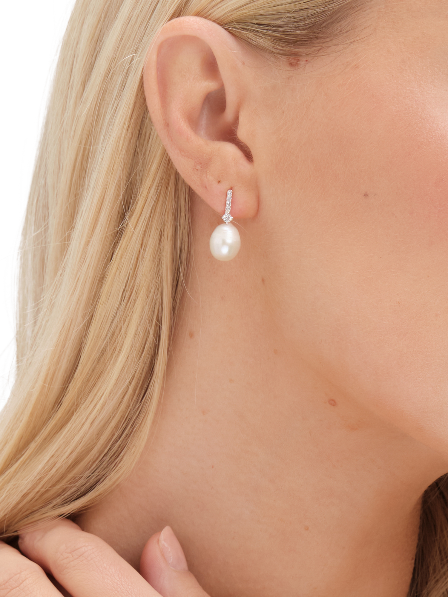 Product image 3 of 3, which shows Jon Richard Cubic Zirconia & Pearl Stick Earrings, Silver