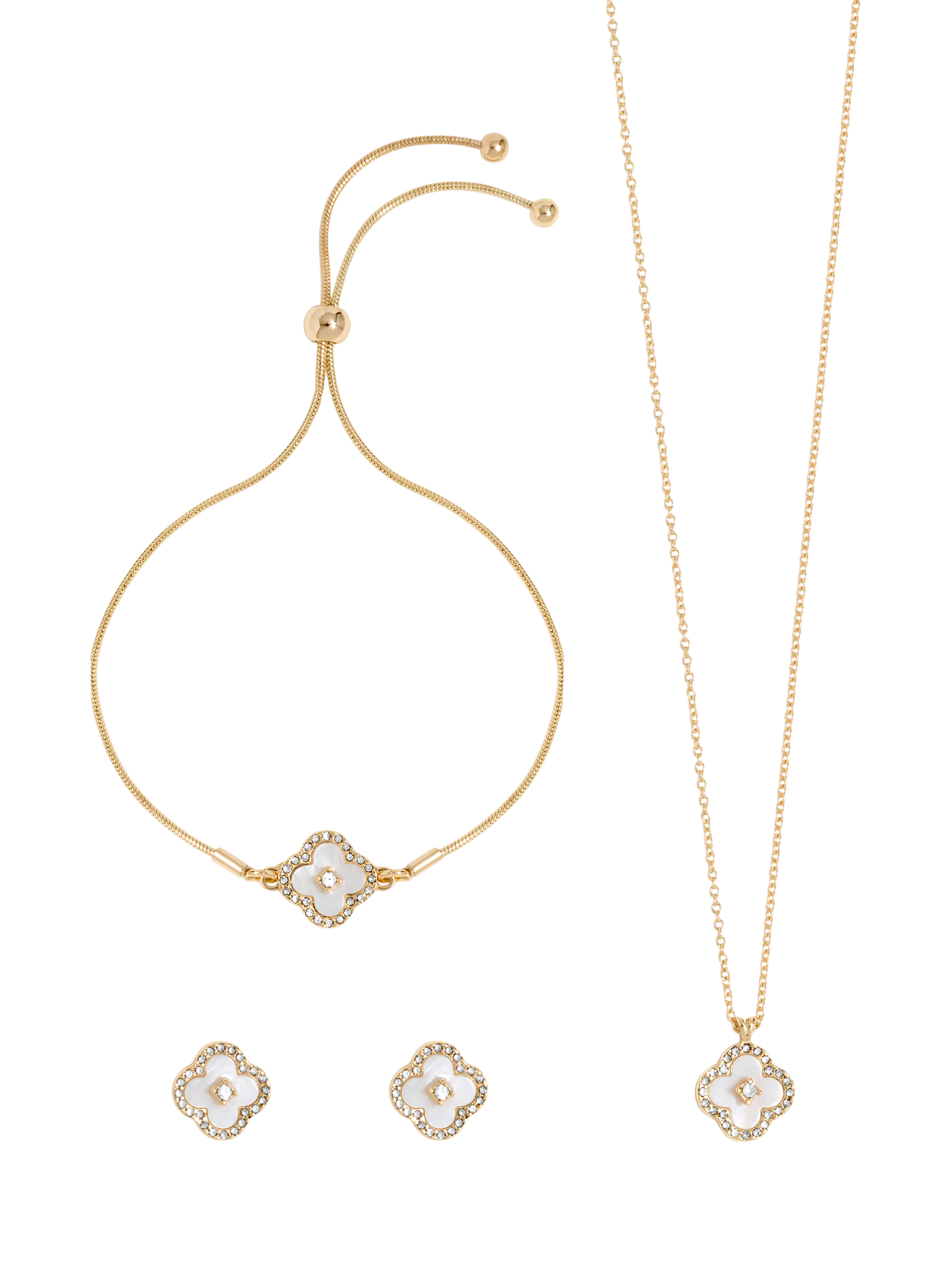 Product image 1 of 4, which shows Jon Richard Crystal Clover Earrings, Necklace & Bracelet Trio Set, Gold