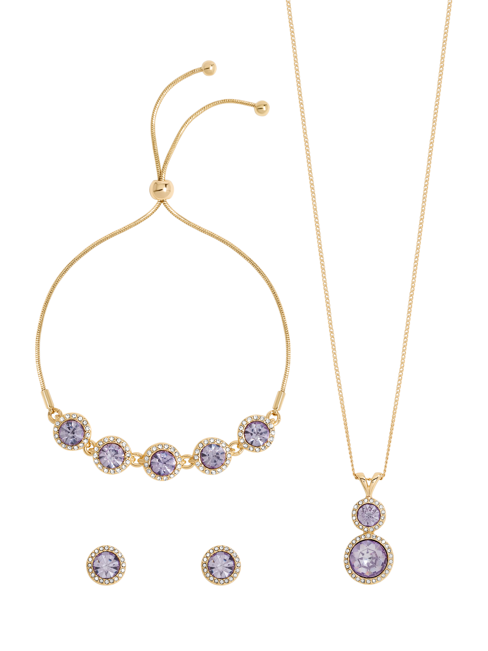 Product image 1 of 2, which shows Jon Richard Crystal and Lavender Halo Double Solitaire Trio Set, Gold