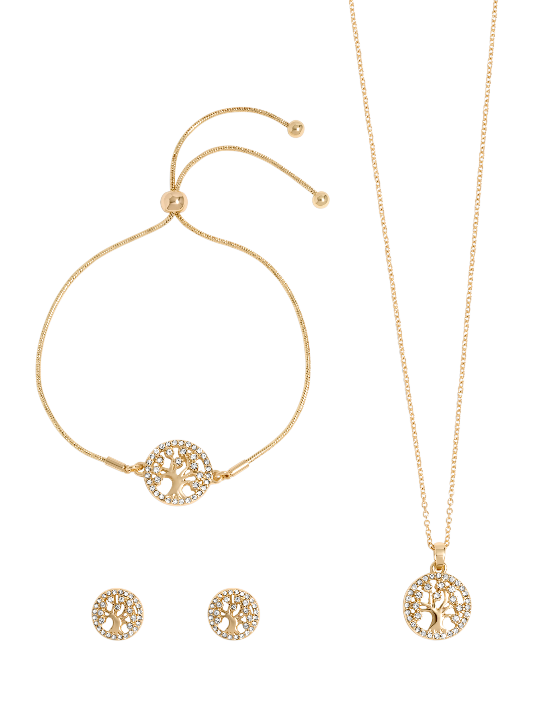 Product image 1 of 2, which shows Jon Richard Crystal Tree Of Life Earrings, Necklace & Bracelet Trio Set, Gold