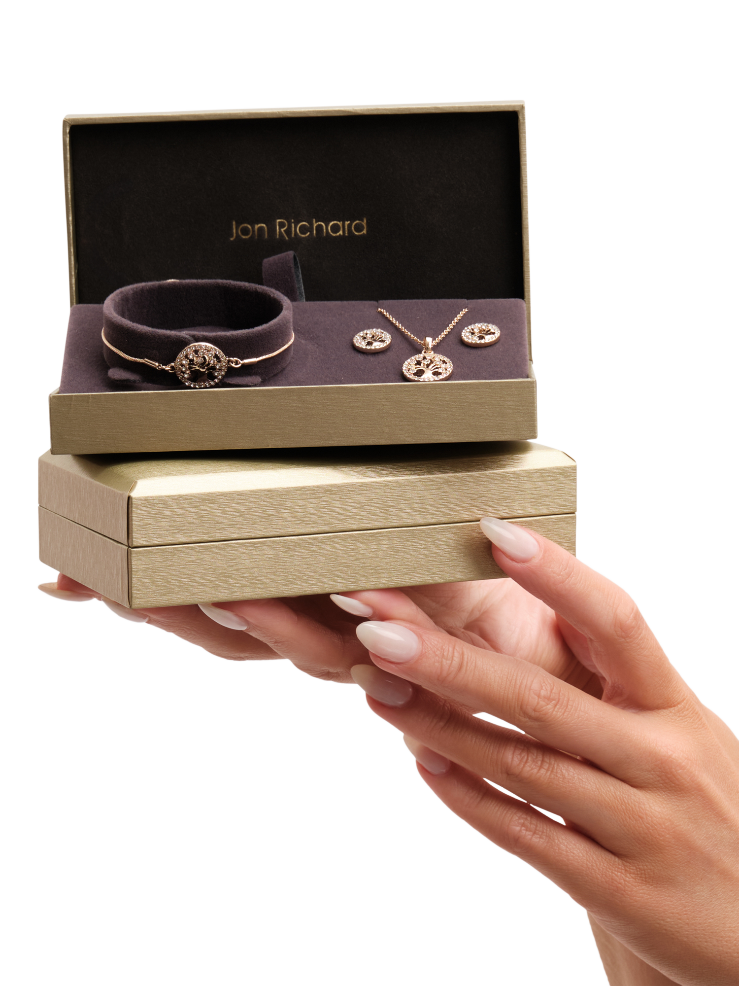 Product image 2 of 2, which shows Jon Richard Crystal Tree Of Life Earrings, Necklace & Bracelet Trio Set, Gold