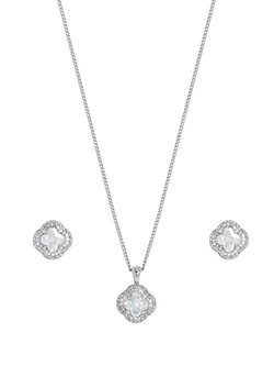 Jon Richard Cubic Zirconia Clover Pendant Necklace and Stud Earrings Jewellery Set, Rhodium, Rhodium