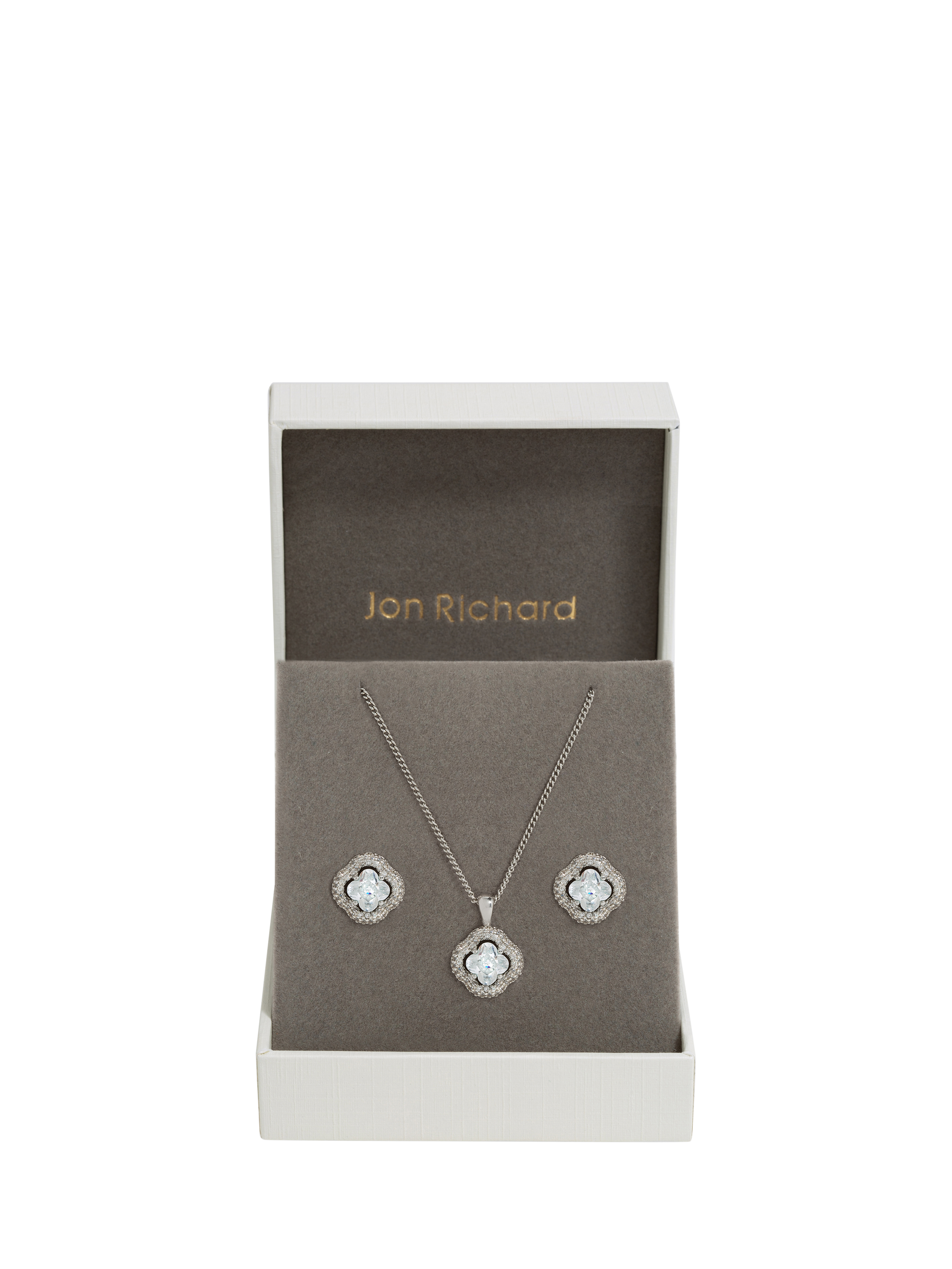 Product image 2 of 2, which shows Jon Richard Cubic Zirconia Clover Pendant Necklace and Stud Earrings Jewellery Set, Rhodium