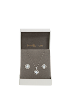 Jon Richard Cubic Zirconia Clover Pendant Necklace and Stud Earrings Jewellery Set, Rhodium - view 2, Rhodium