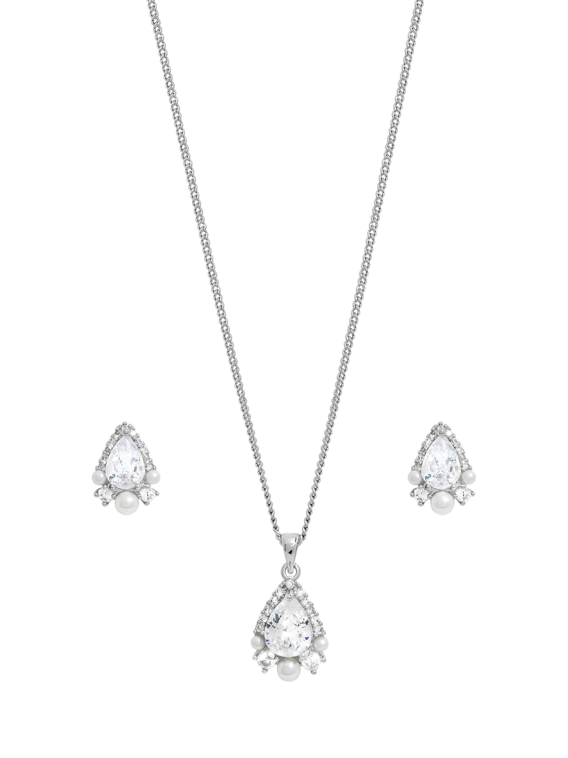 Product image 1 of 5, which shows Jon Richard Cubic Zirconia Pear Drop And Pearl Box Set, Silver