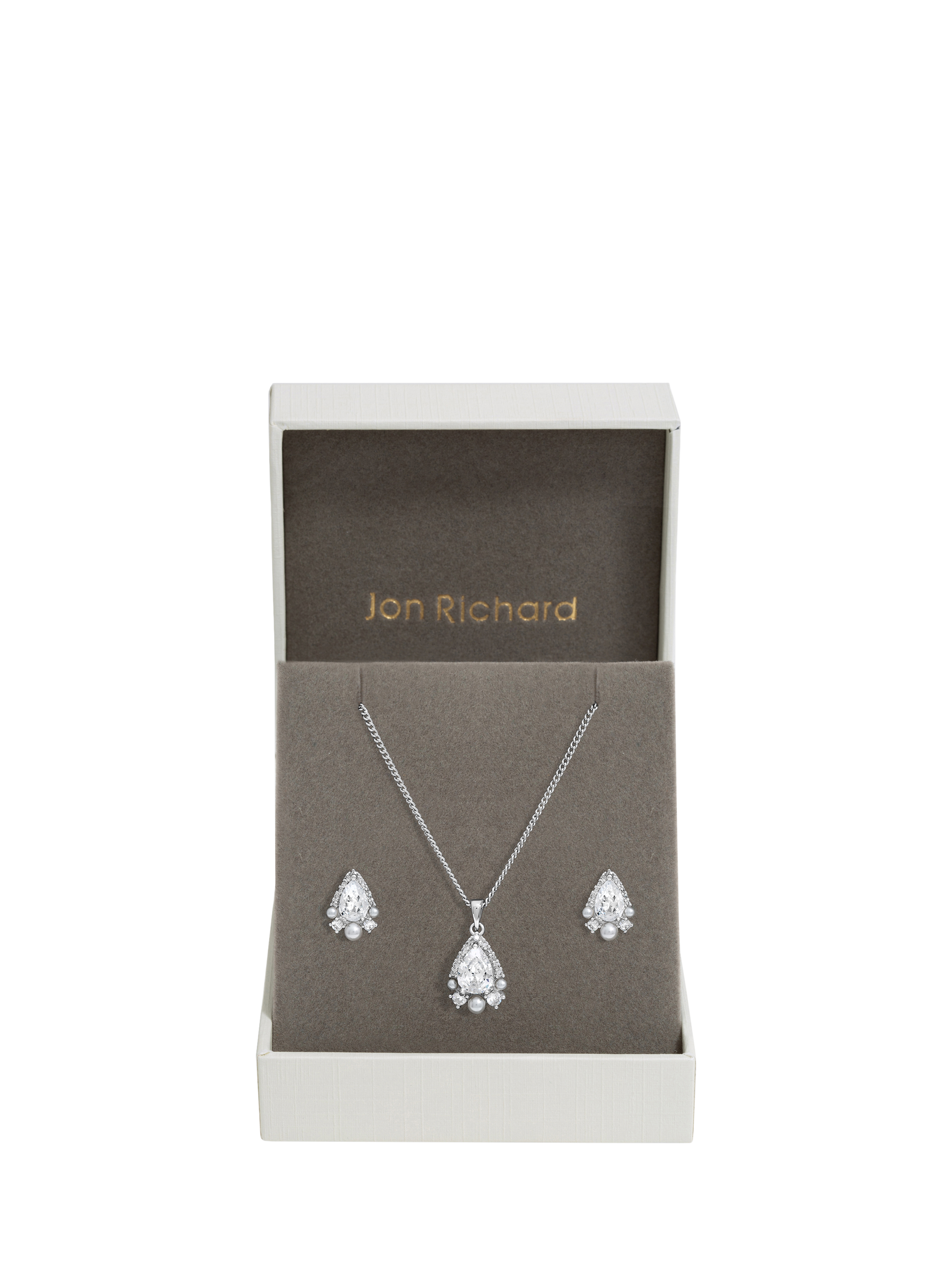 Product image 2 of 5, which shows Jon Richard Cubic Zirconia Pear Drop And Pearl Box Set, Silver