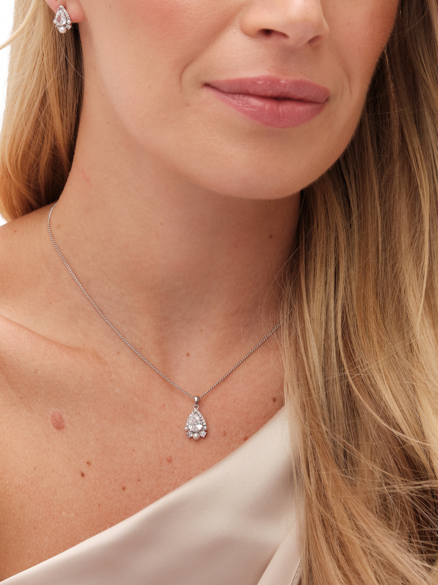 Product image 3 of 5, which shows Jon Richard Cubic Zirconia Pear Drop And Pearl Box Set, Silver