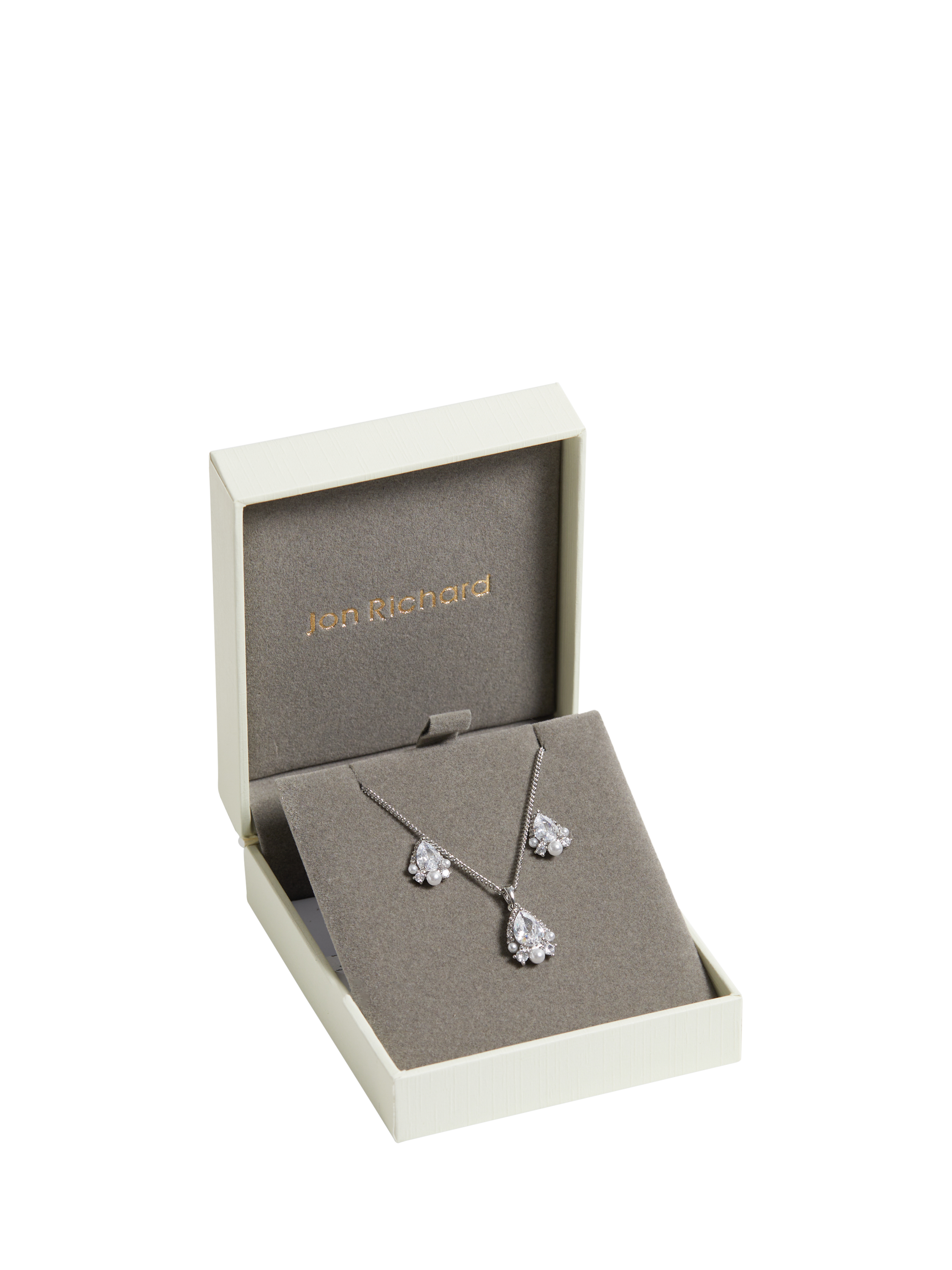 Product image 4 of 5, which shows Jon Richard Cubic Zirconia Pear Drop And Pearl Box Set, Silver