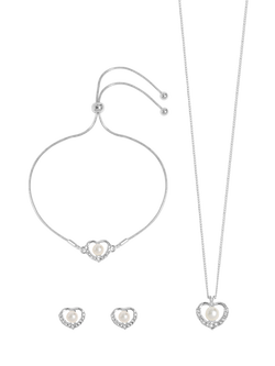 Jon Richard Pearl & Crystal Heart Earrings, Necklace & Bracelet Trio Set, Silver, Silver