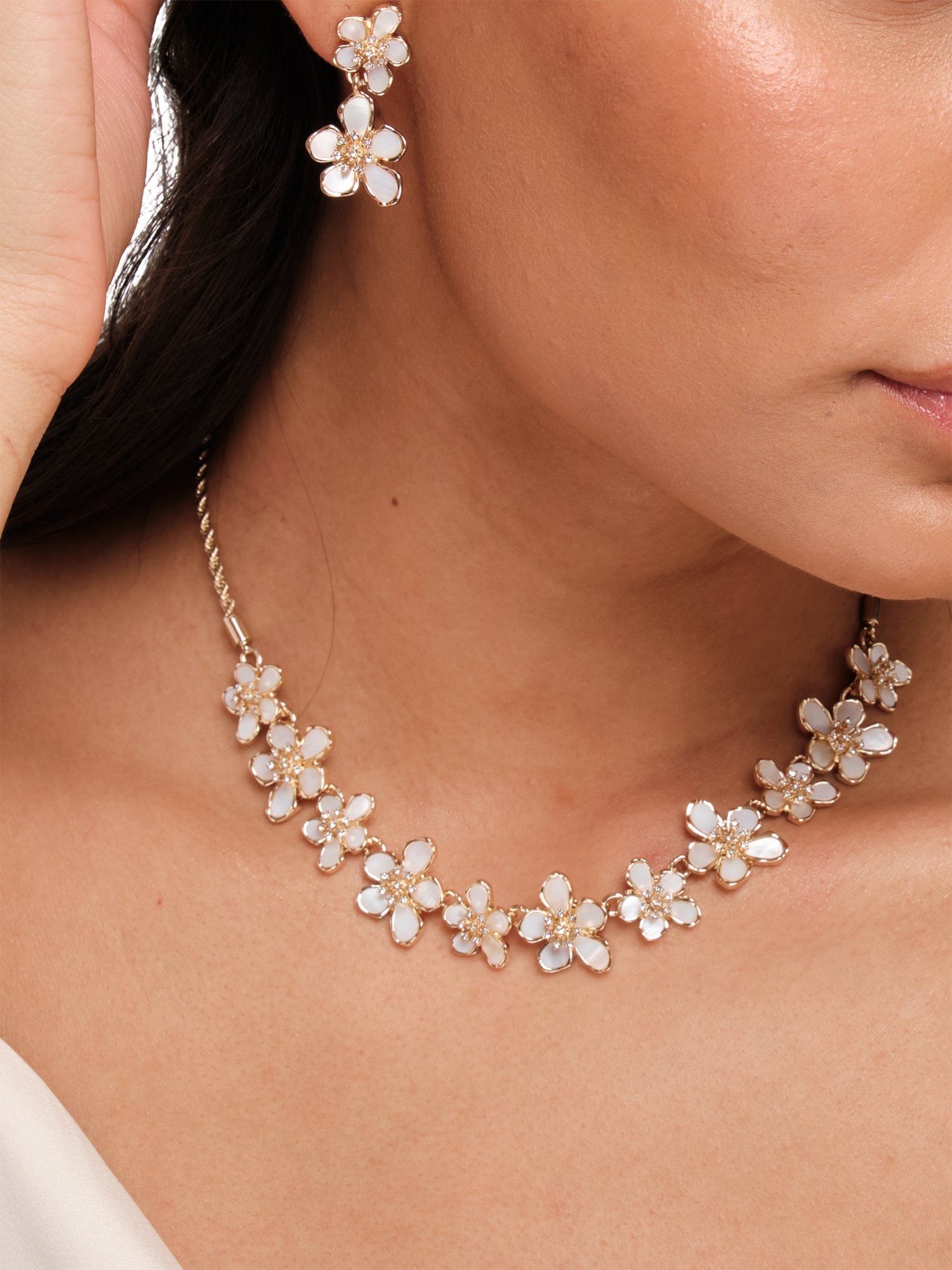 Product image 3 of 3, which shows Jon Richard Gold Plated Mother Of Pearl Floral Necklace, Gold